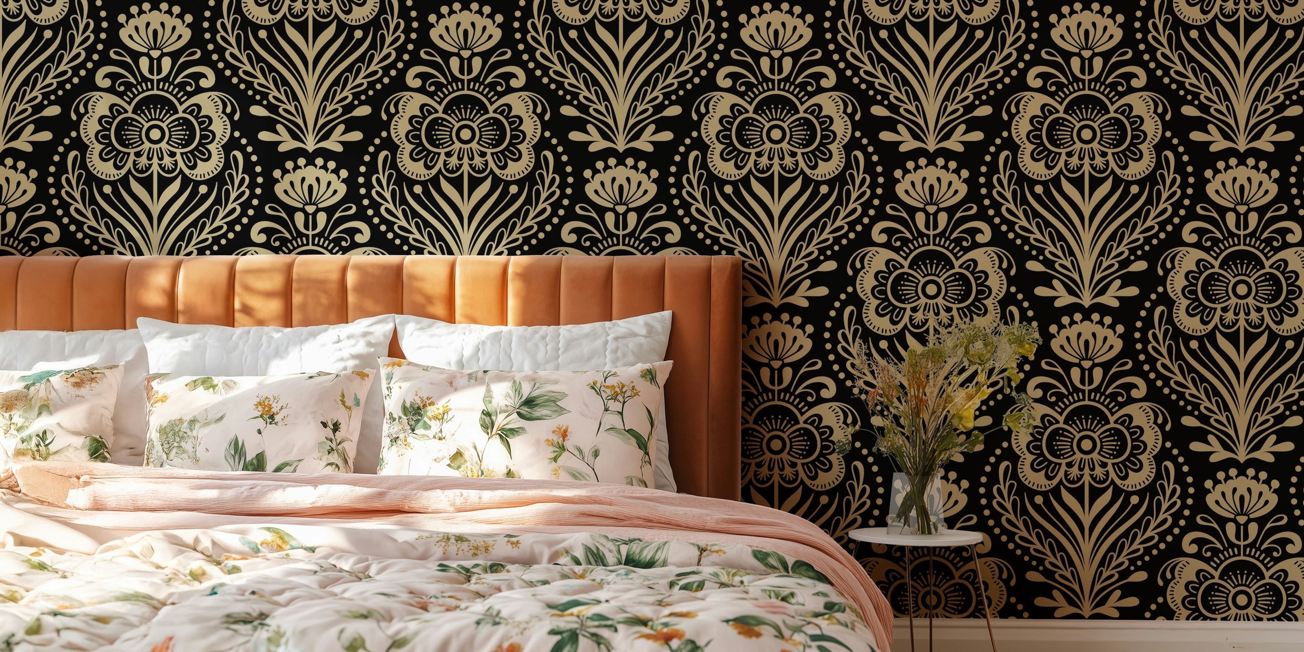 Elegant floral wallpaper in black and gold