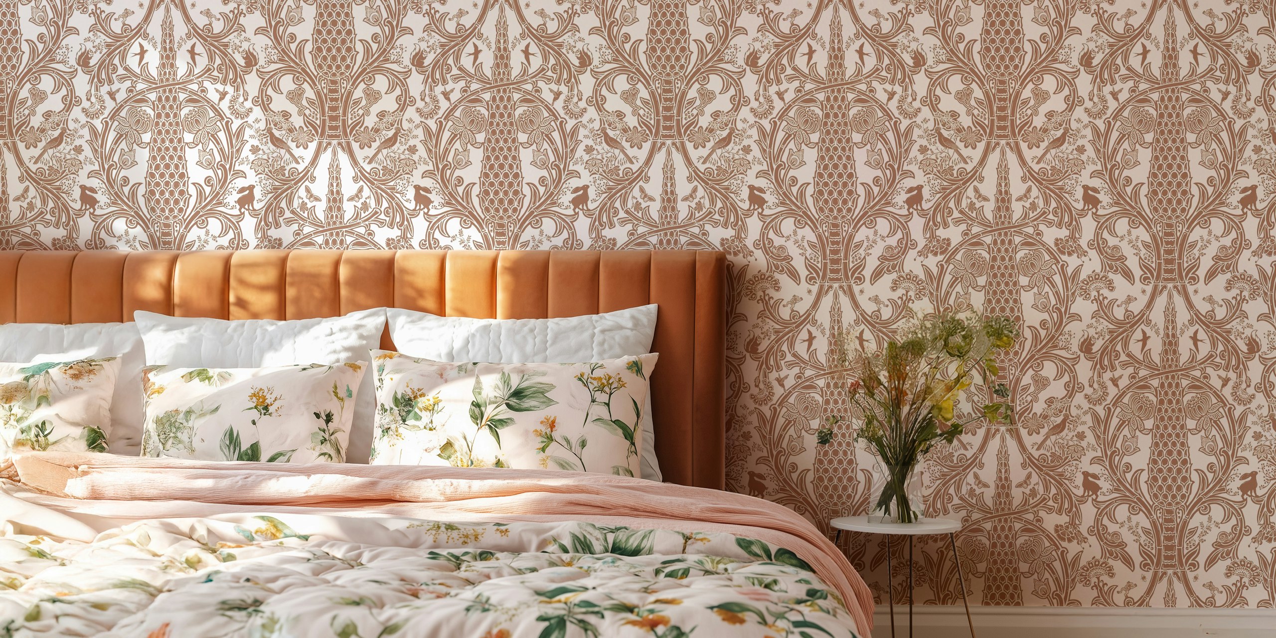 Mocha Mousse Damask wallpaper displayed in a room