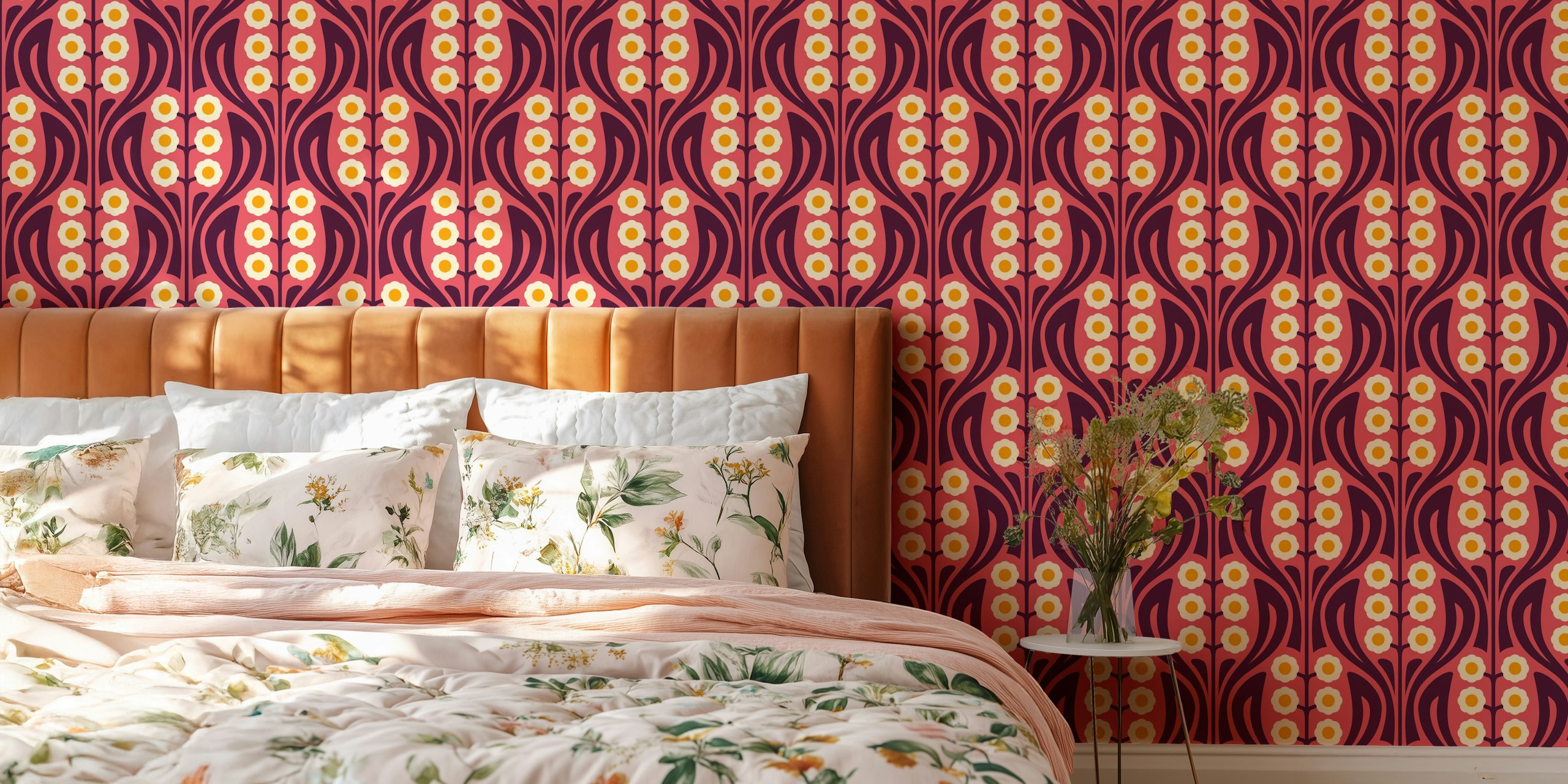 Papier peint Vintage Retro Daisy Harmony Pink dans une pièce