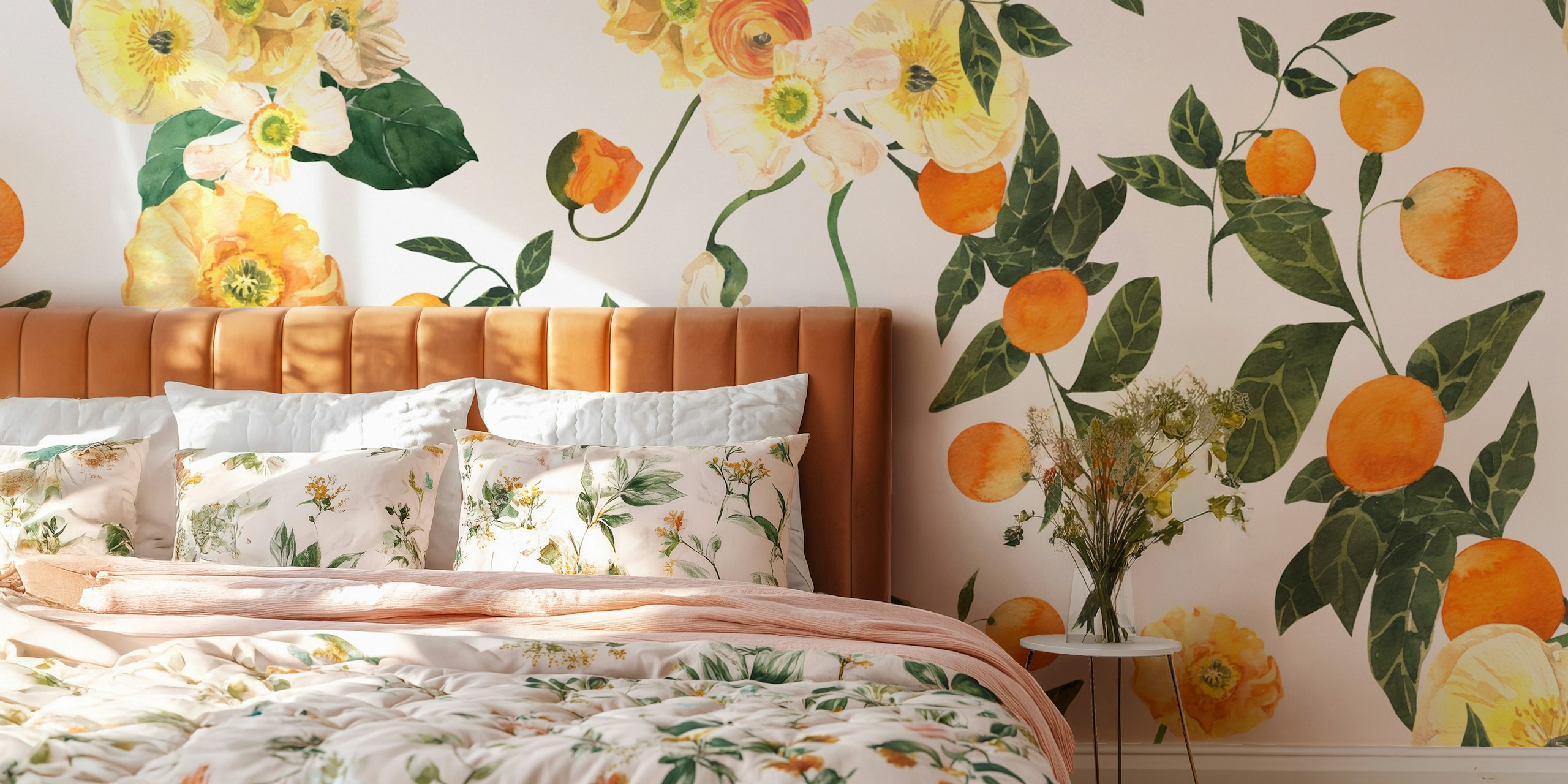 Vibrant floral citrus pattern wallpaper in a room