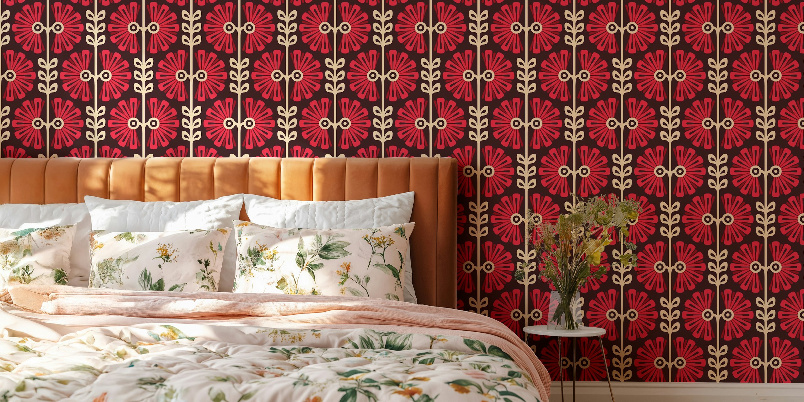 Vintage Bold Daisy Symphony in Red tapettisuunnittelu