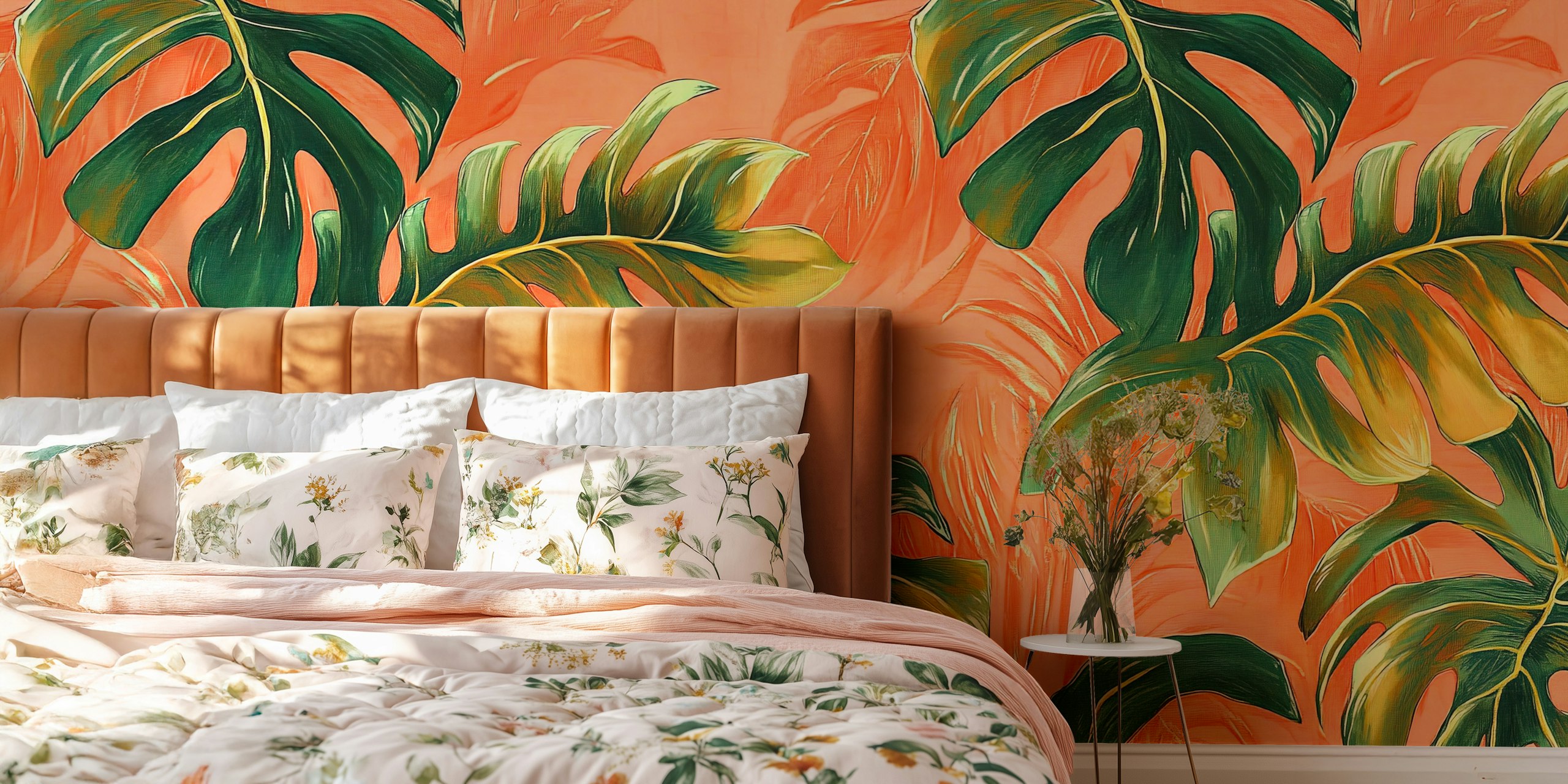 Monstera Peach wallpaper in a room setting.