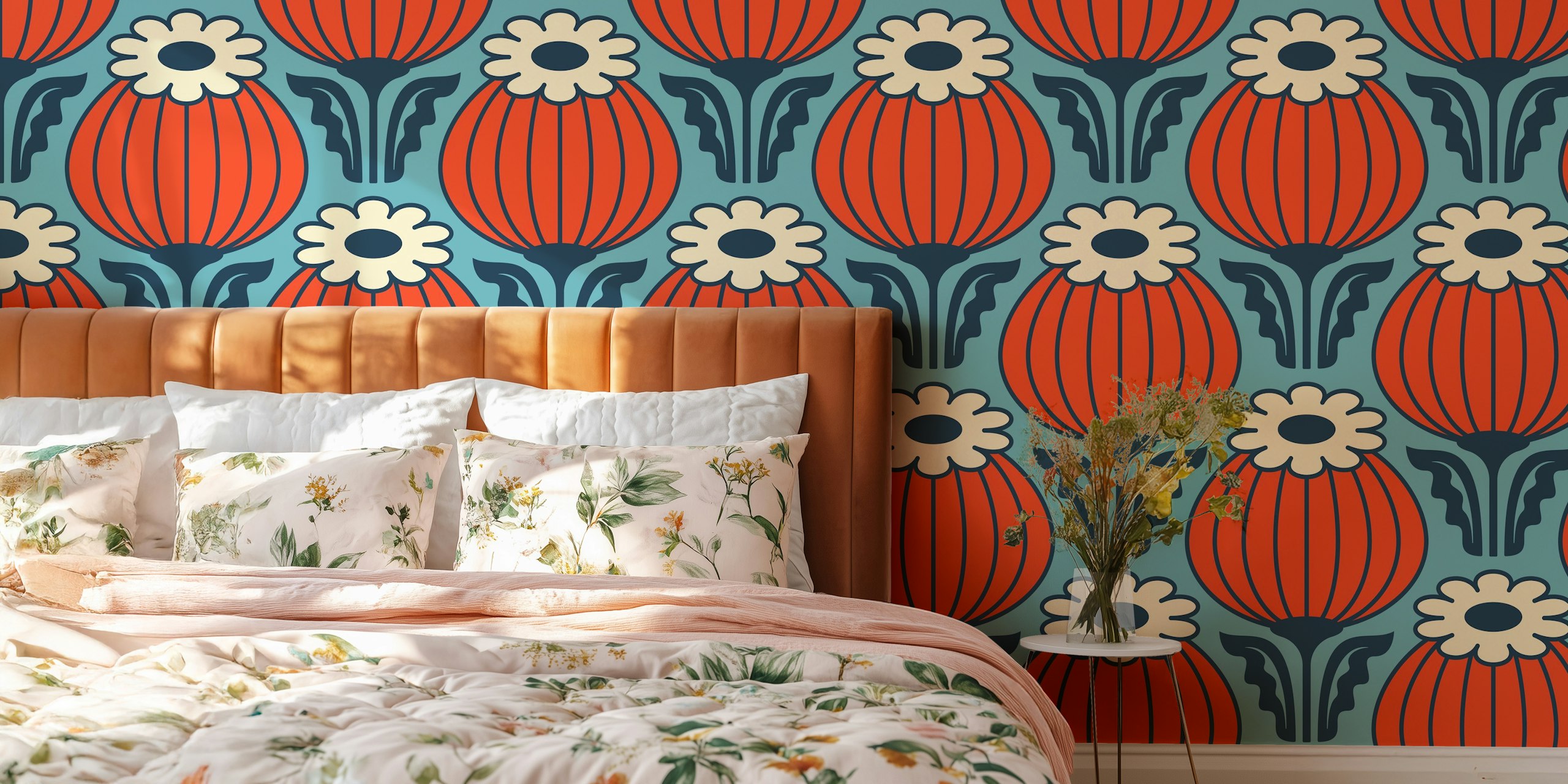 Bold vintage poppies wallpaper in a room