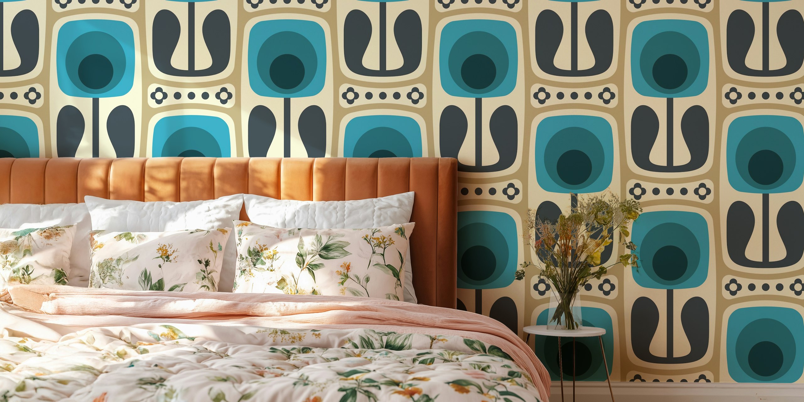 Retro floral design in blue and gray tones wallpaper
