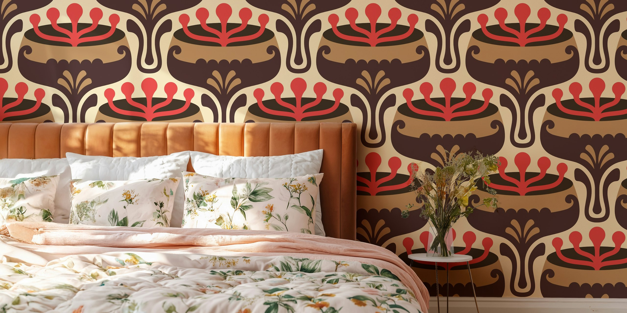 Retro floral design with brown and red colors wallpaper