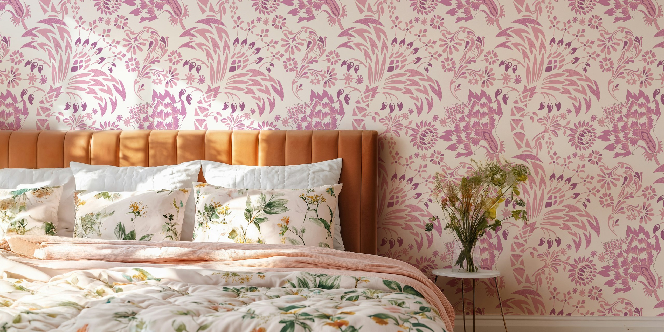 Garden Reverie pink tapetti huoneessa
