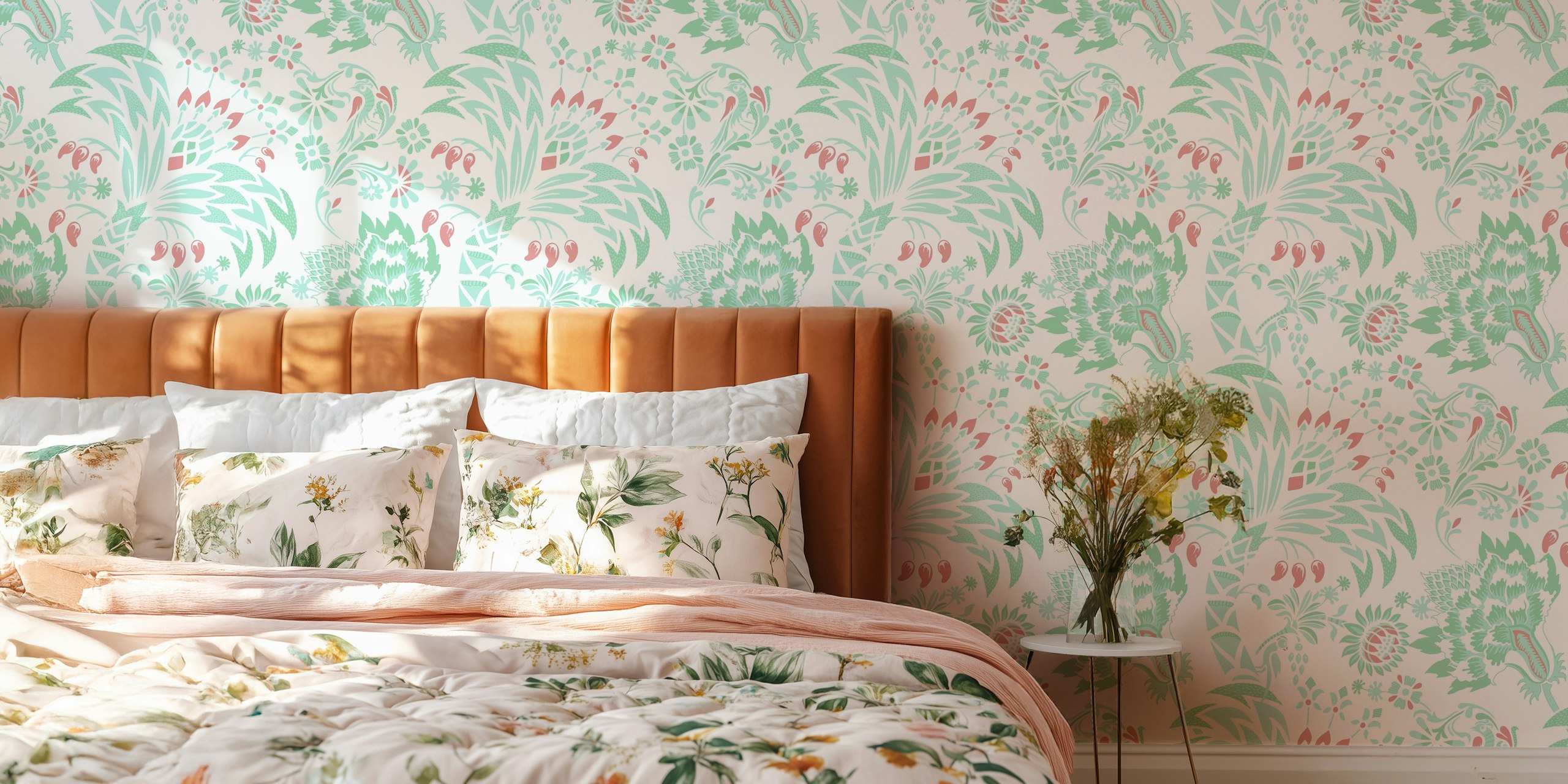 Garden Reverie pastel wallpaper displayed in a room