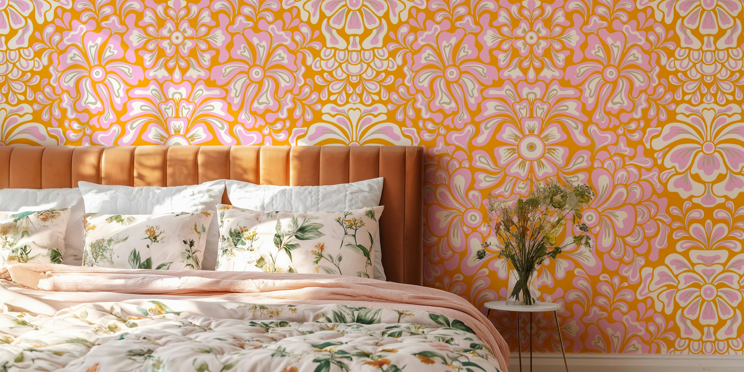 Floral statement explosion papel de parede em um quarto