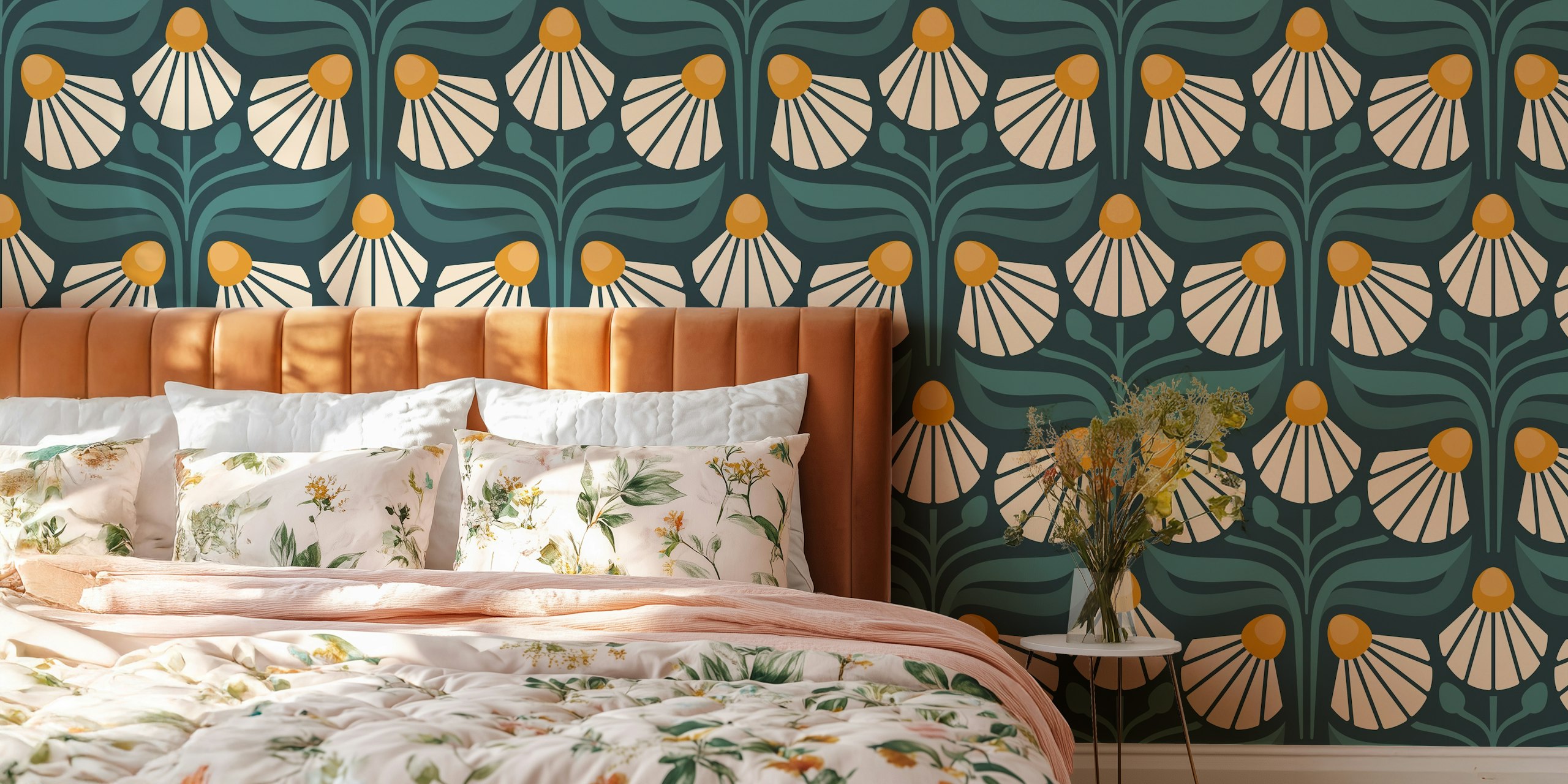 Vintage floral design with green leaves and cream blossoms wallpaper