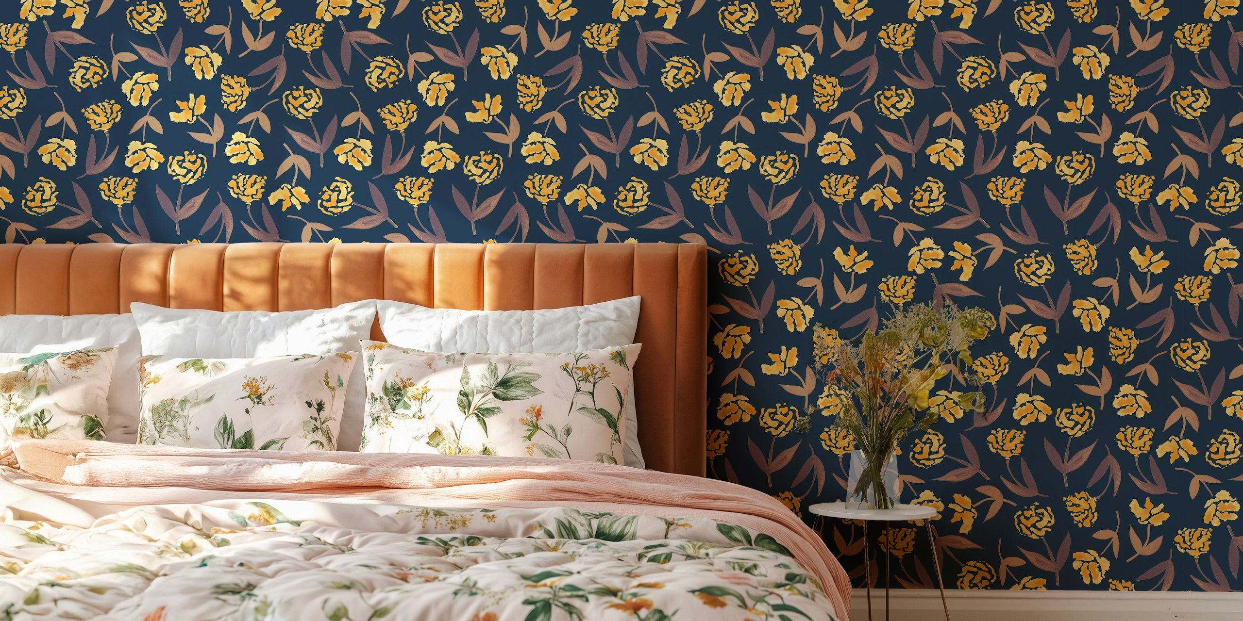 Midnight Boom moody floral wallpaper in a room