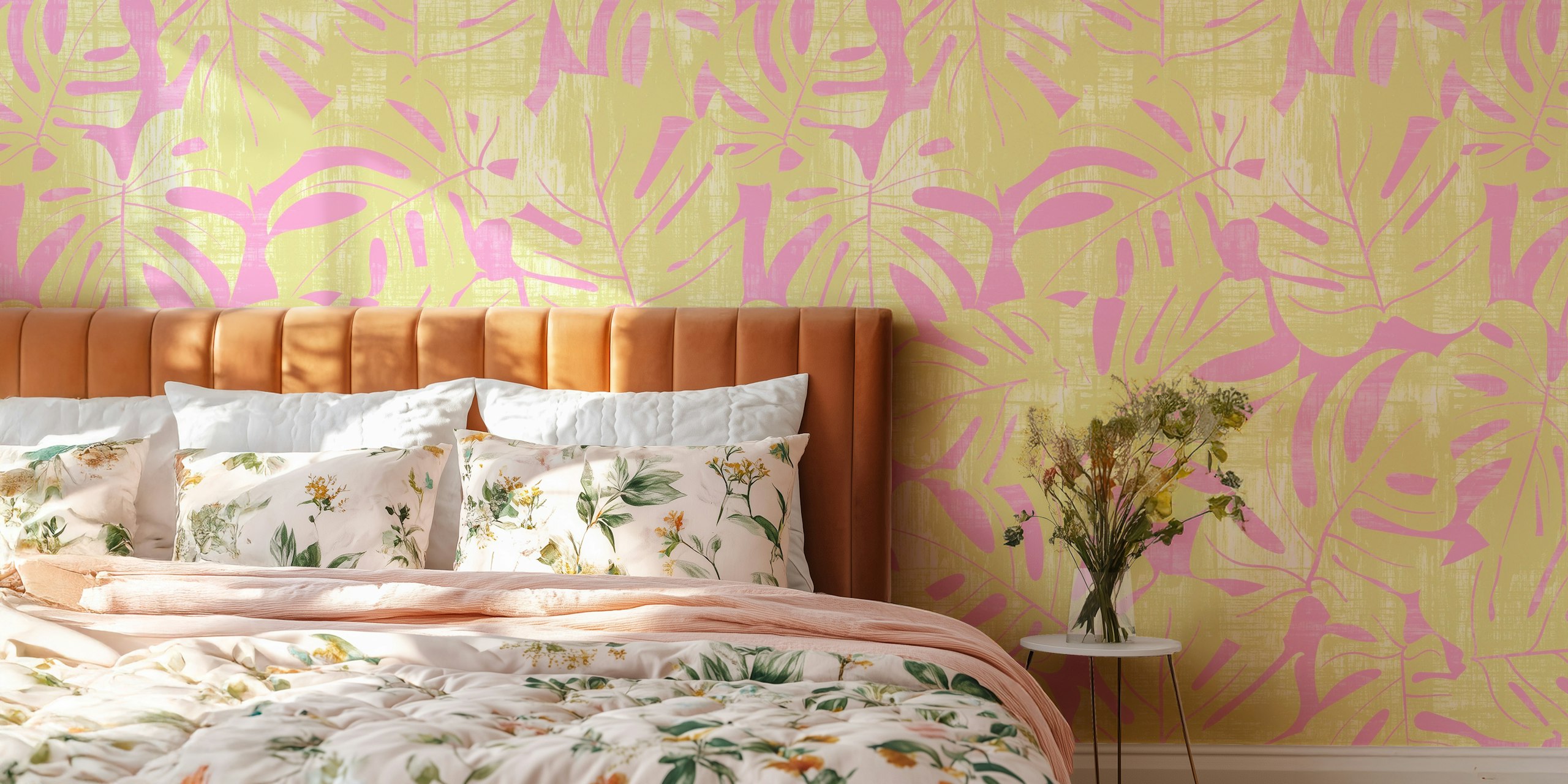 Tropical jungle leaves pattern in pink and citron green wallpaper