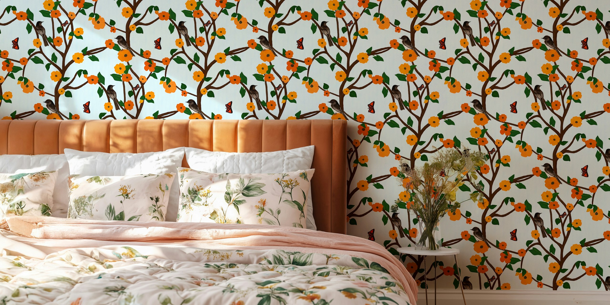 Phoebes in Chinoiserie Garden wallpaper in a room