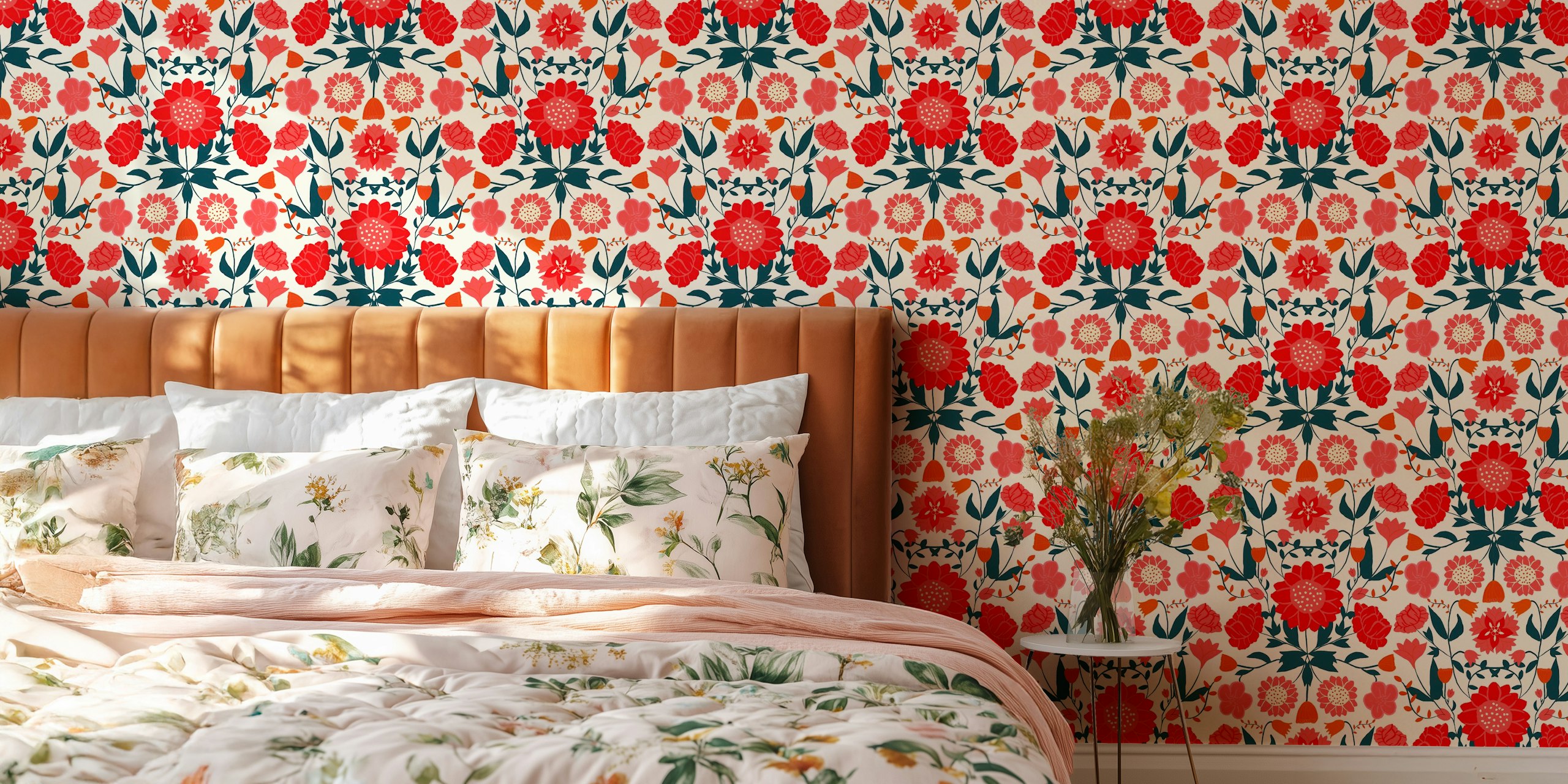 Colorful floral pattern with red and pink roses on cream wallpaper