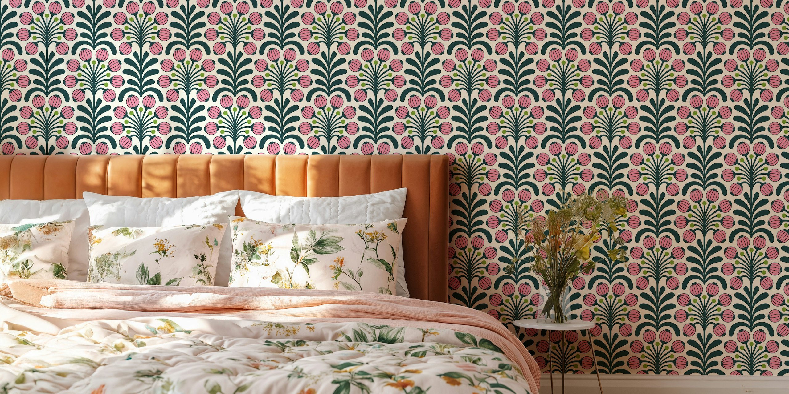 Ταπετσαρία Retro Poppy Fantasy in Pink σε ένα δωμάτιο