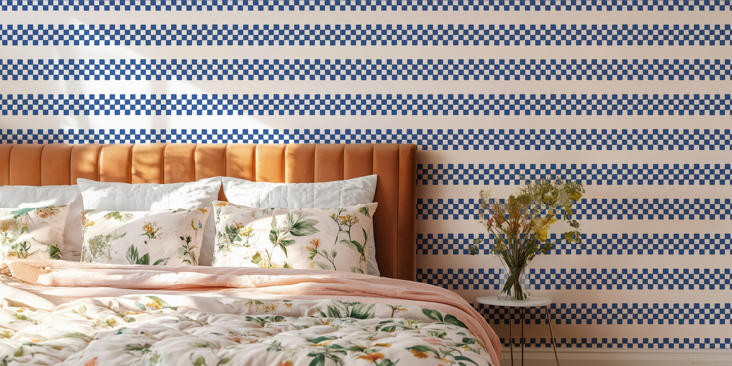 Checkered Stripes Dark Blue Beige tapet i et rum
