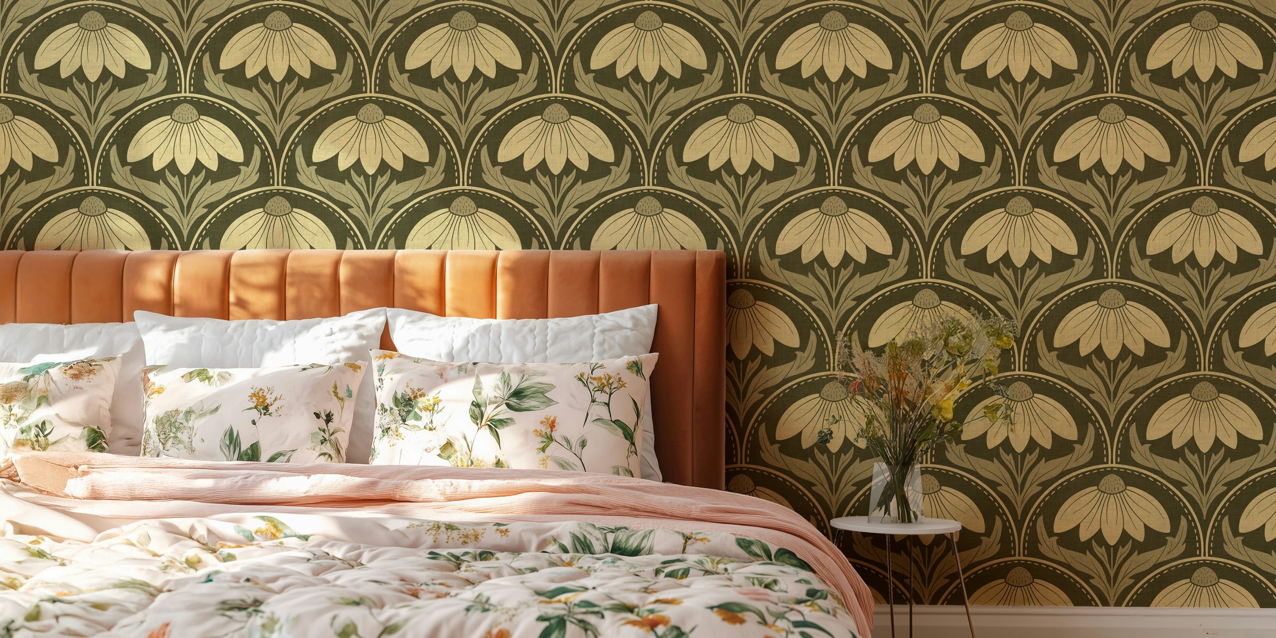 Dark green floral pattern with cream flowers and scalloped design wallpaper