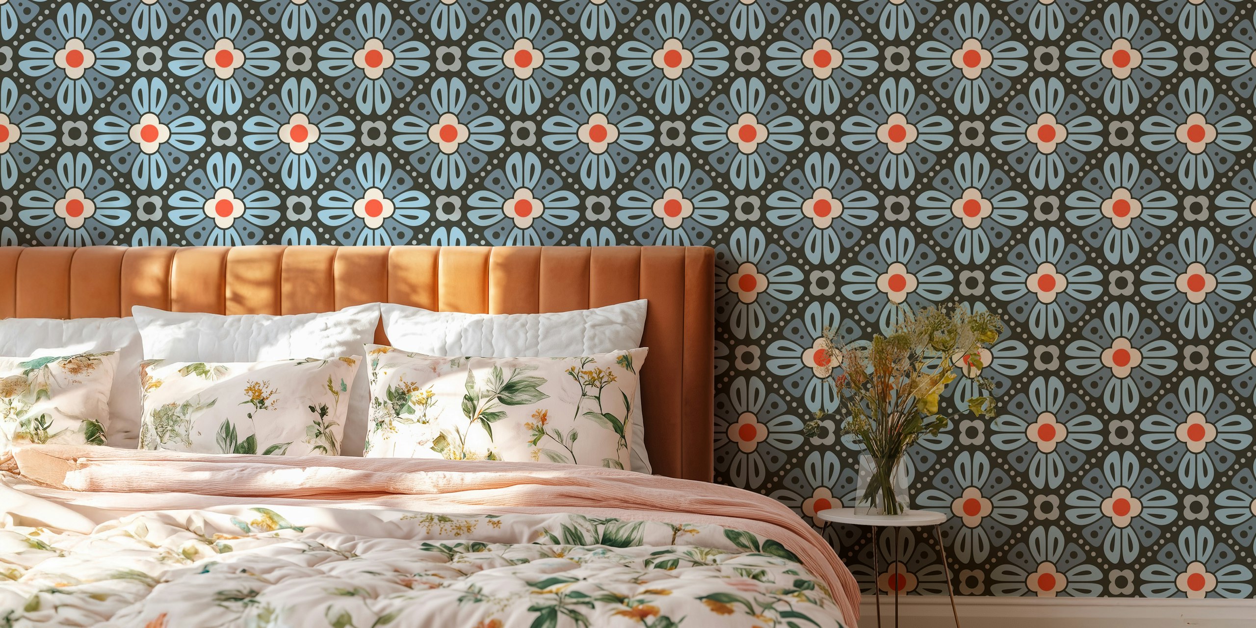 Retro floral wallpaper with blue and red flowers on dark background