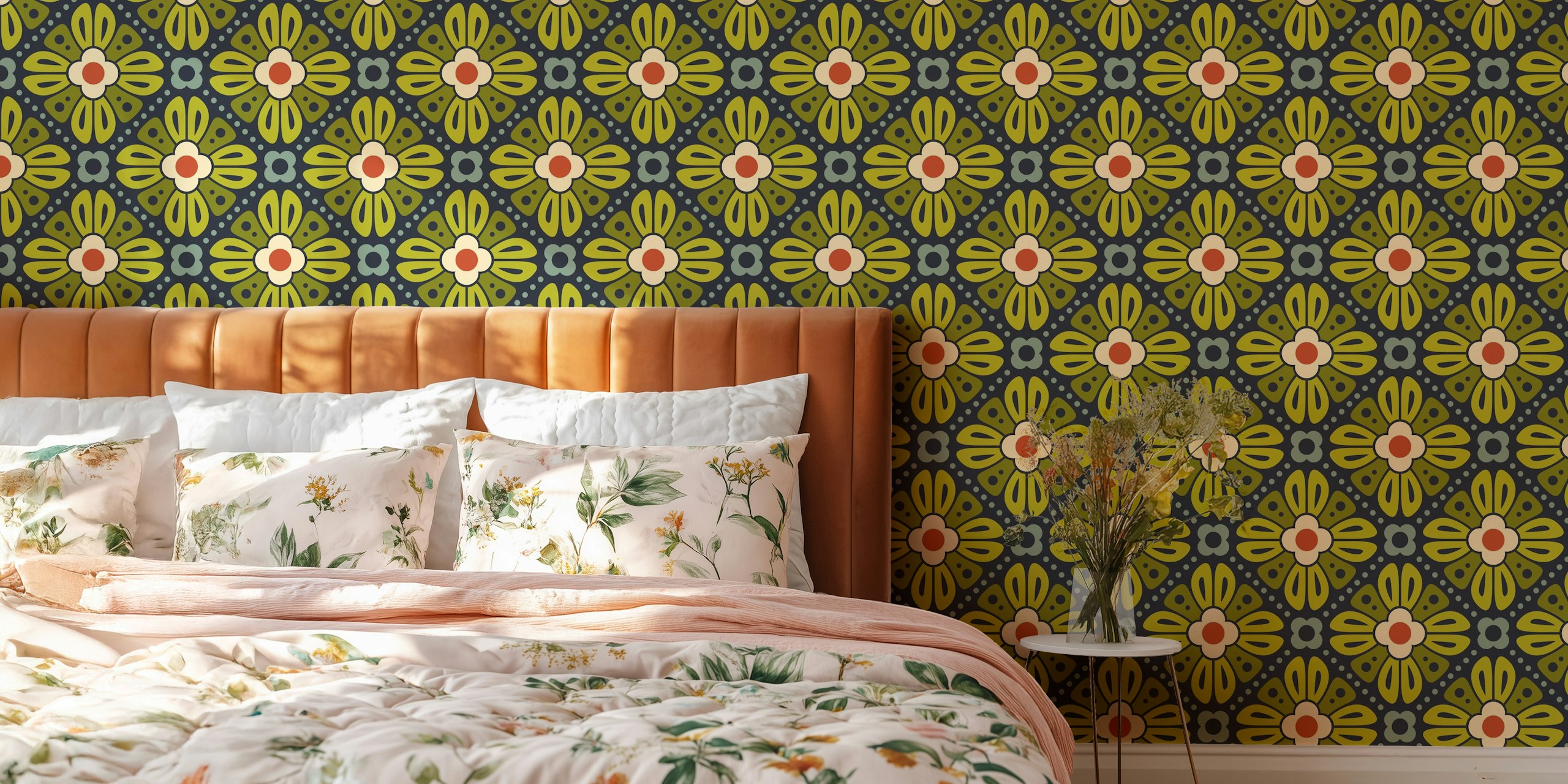 Retro floral pattern with green, red, and cream colors wallpaper