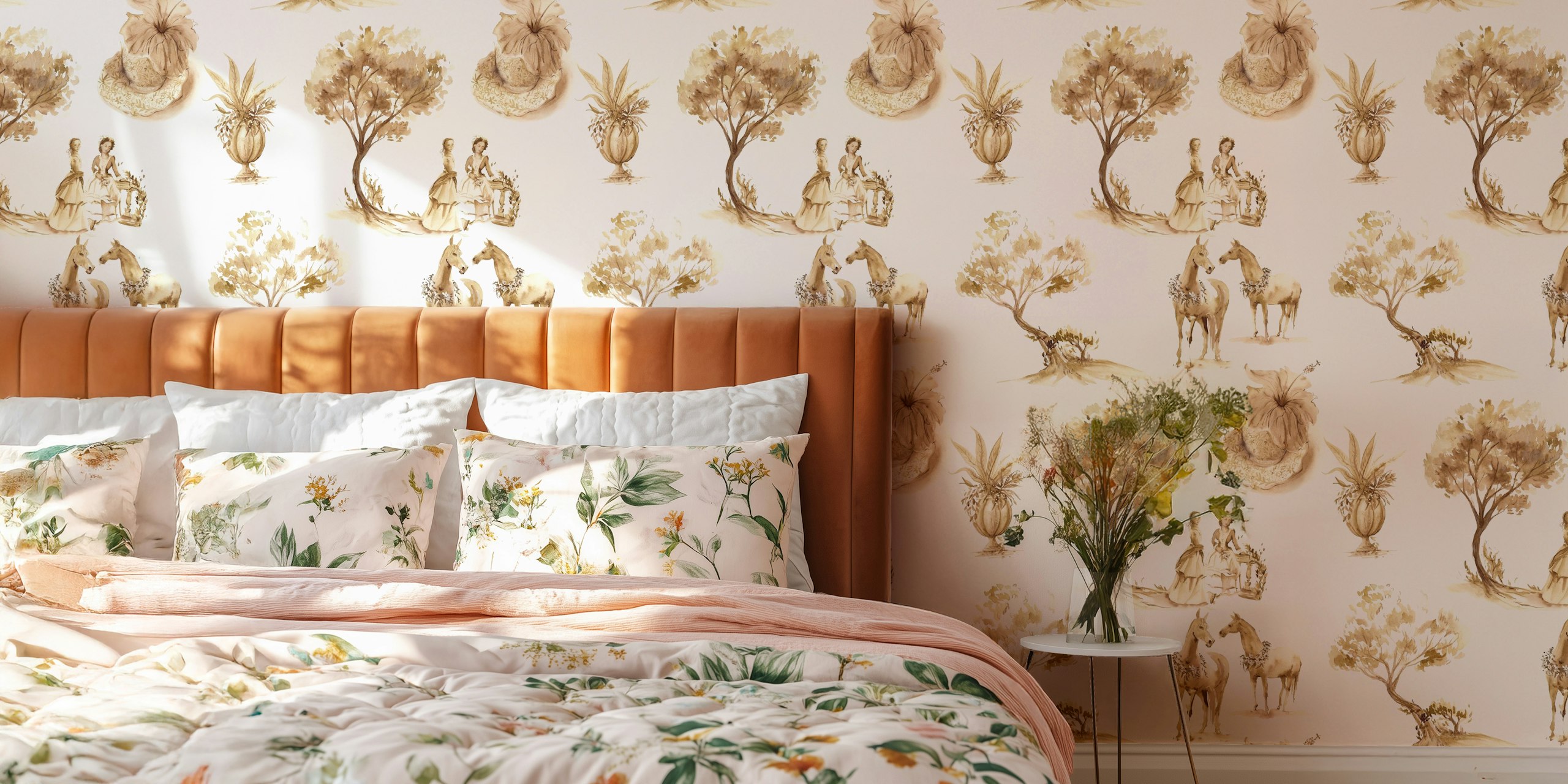 Elegant Pastoral Toile in Sepia wallpaper design
