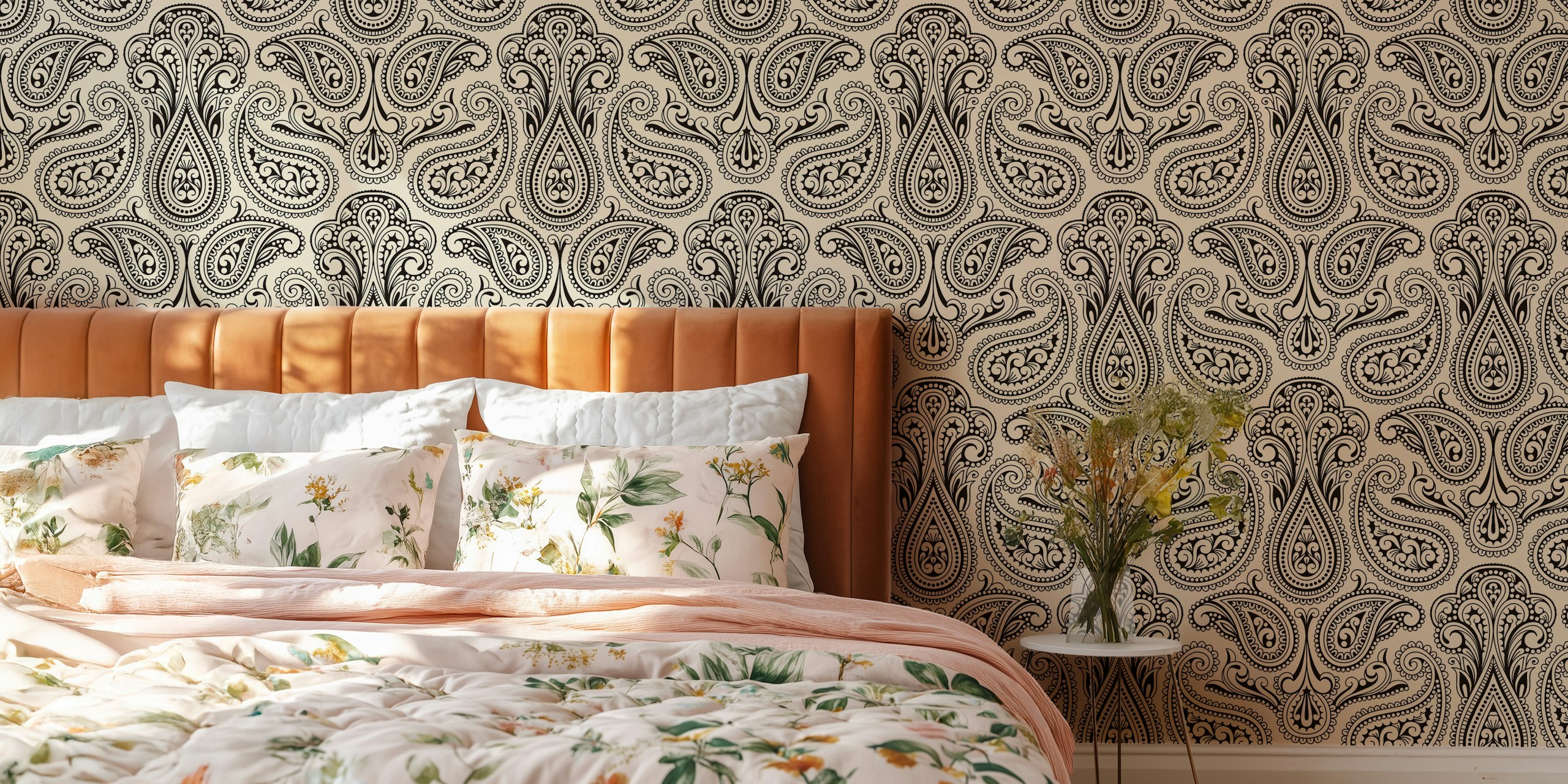 Intricate paisley pattern in black and white wallpaper