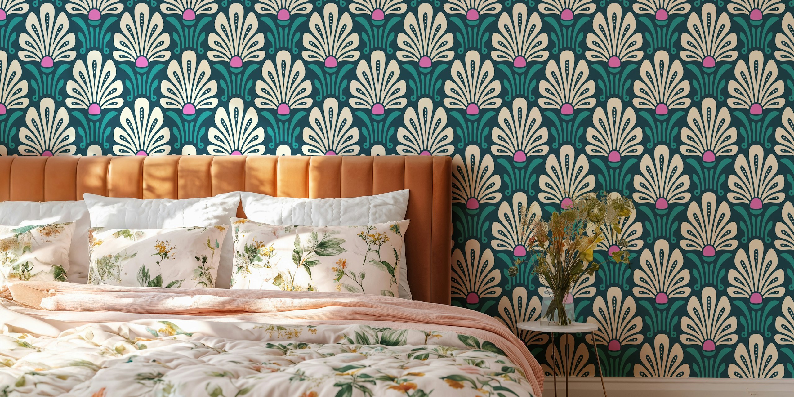 Floral pattern with green and pink colors wallpaper