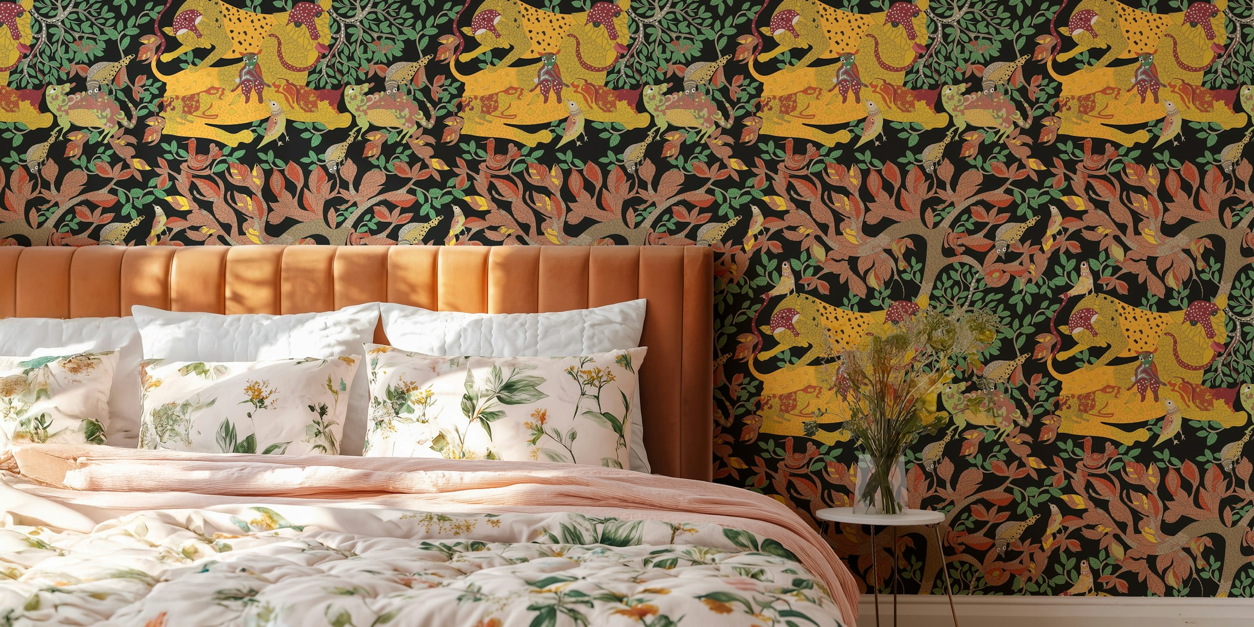 Vibrant Gond Art wallpaper with animals and foliage, colorful black background