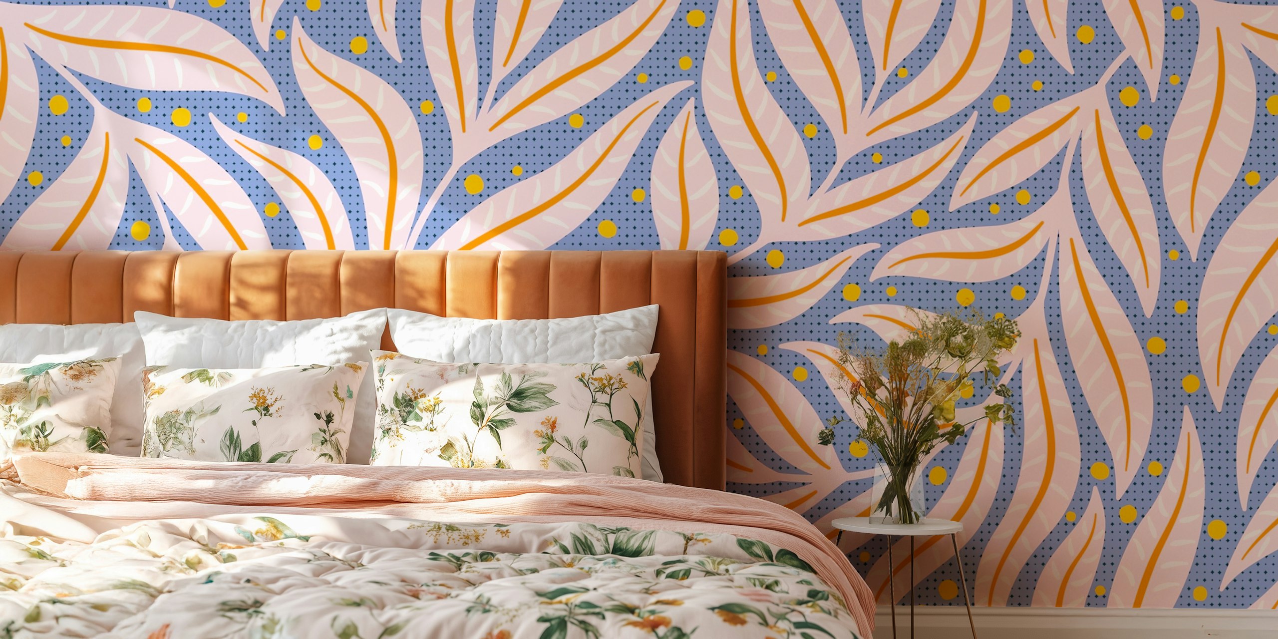 Dopamine leaves wallpaper in een kamerindeling