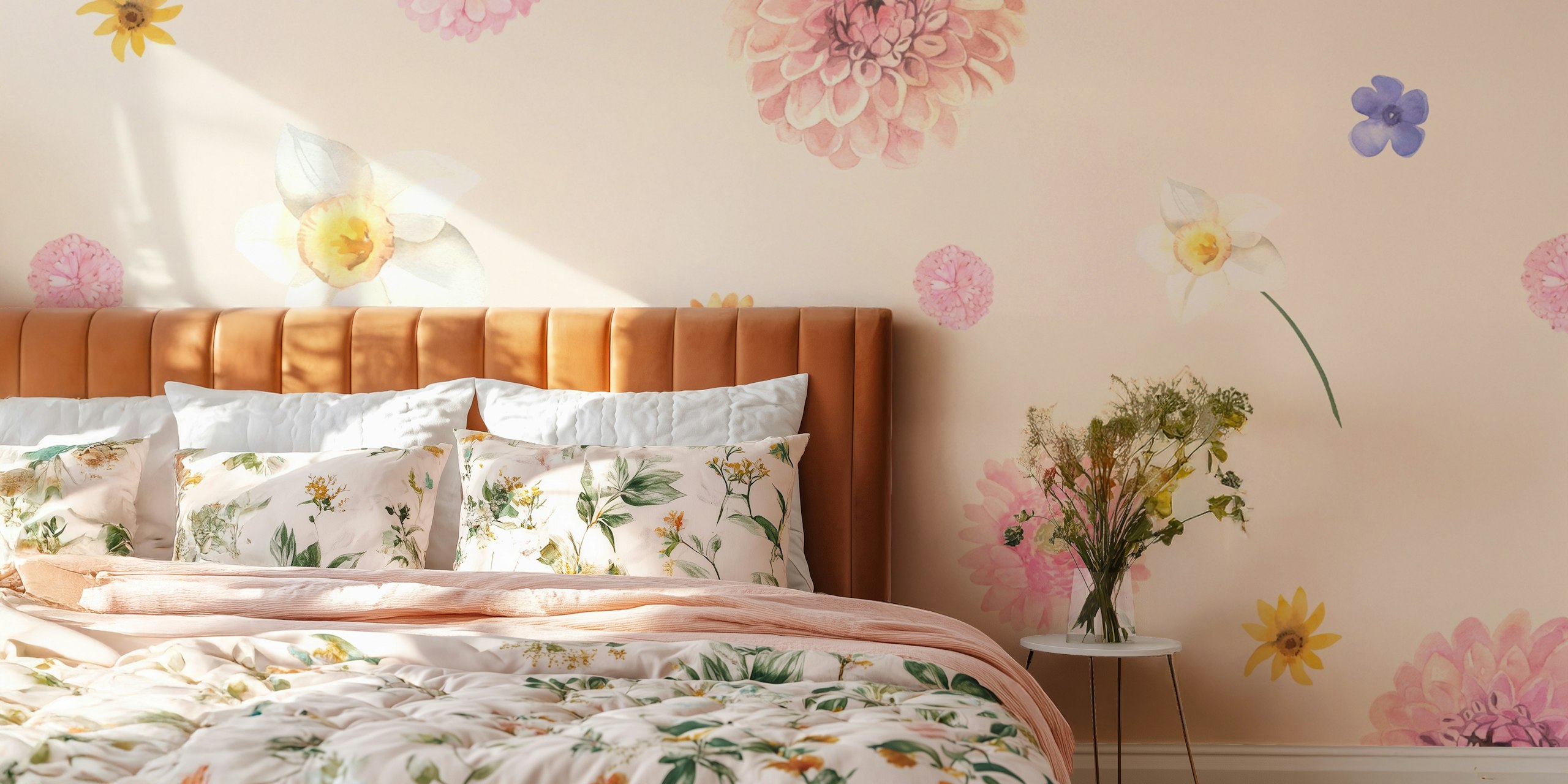 Scattered wildflower pattern in soft pastels on light background wallpaper
