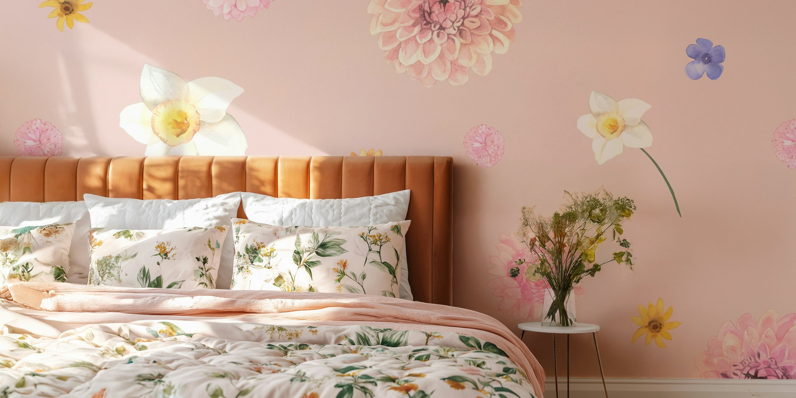 Soft pink floral pattern wallpaper in a room