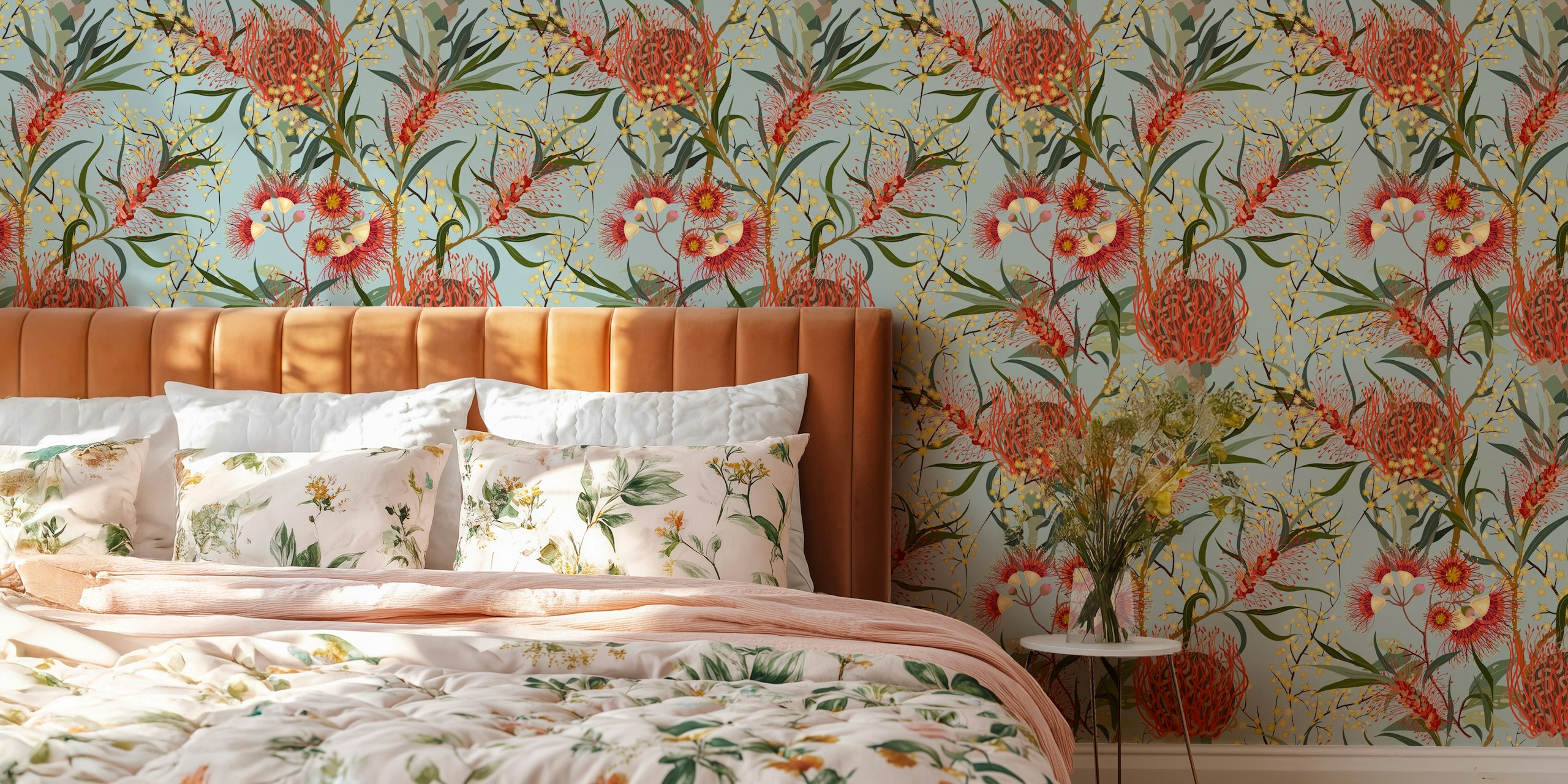 Fresh flower tapestry wallpaper in a room