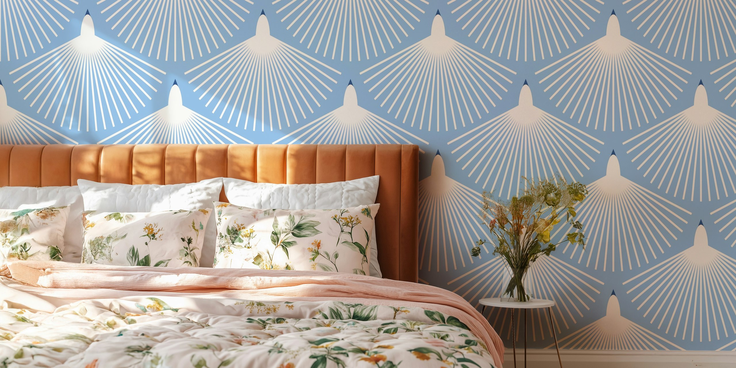 Blue abstract fan pattern wallpaper with white rays