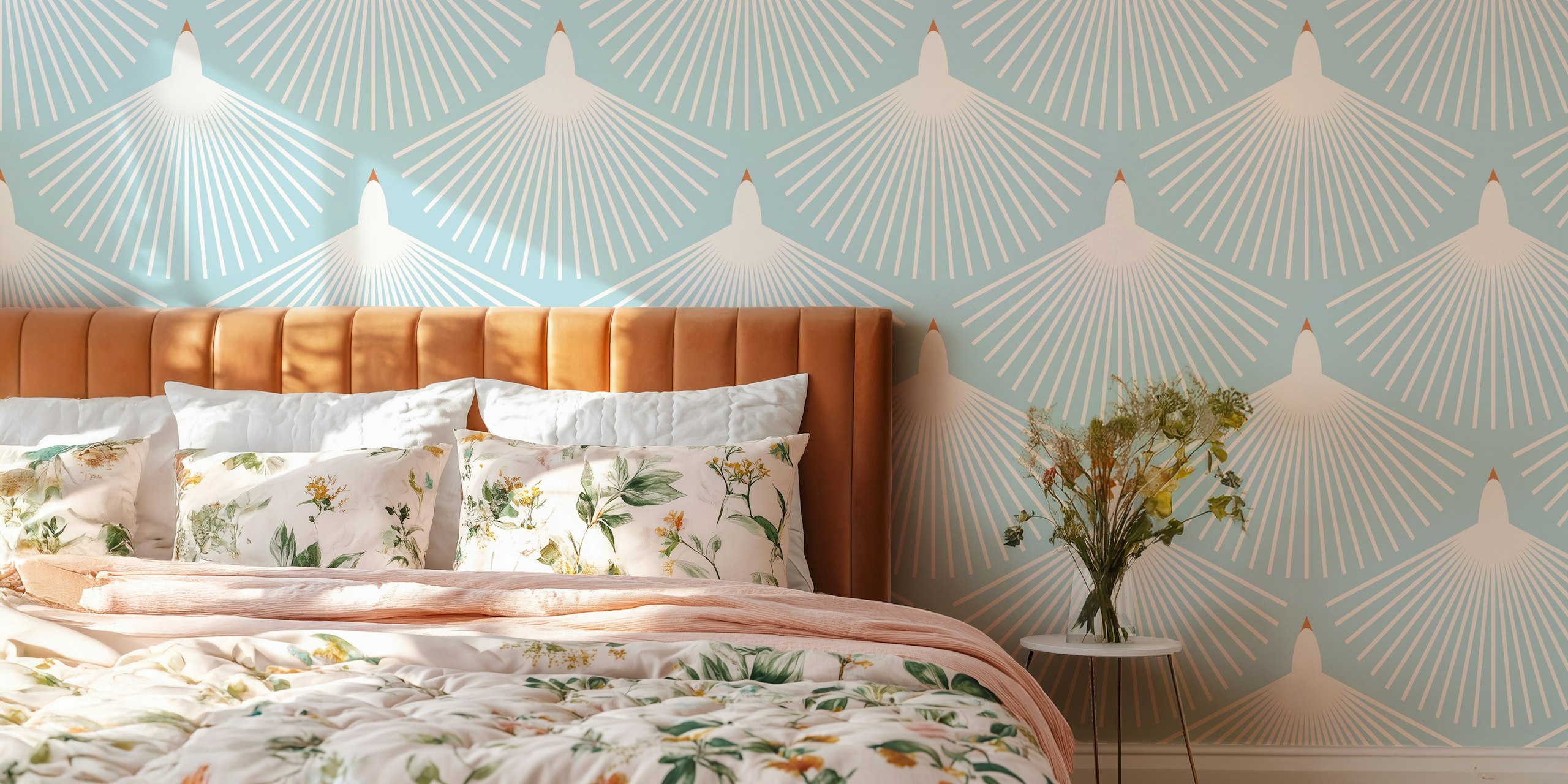 Modern Abstract Bird Light Blue wallpaper in una stanza