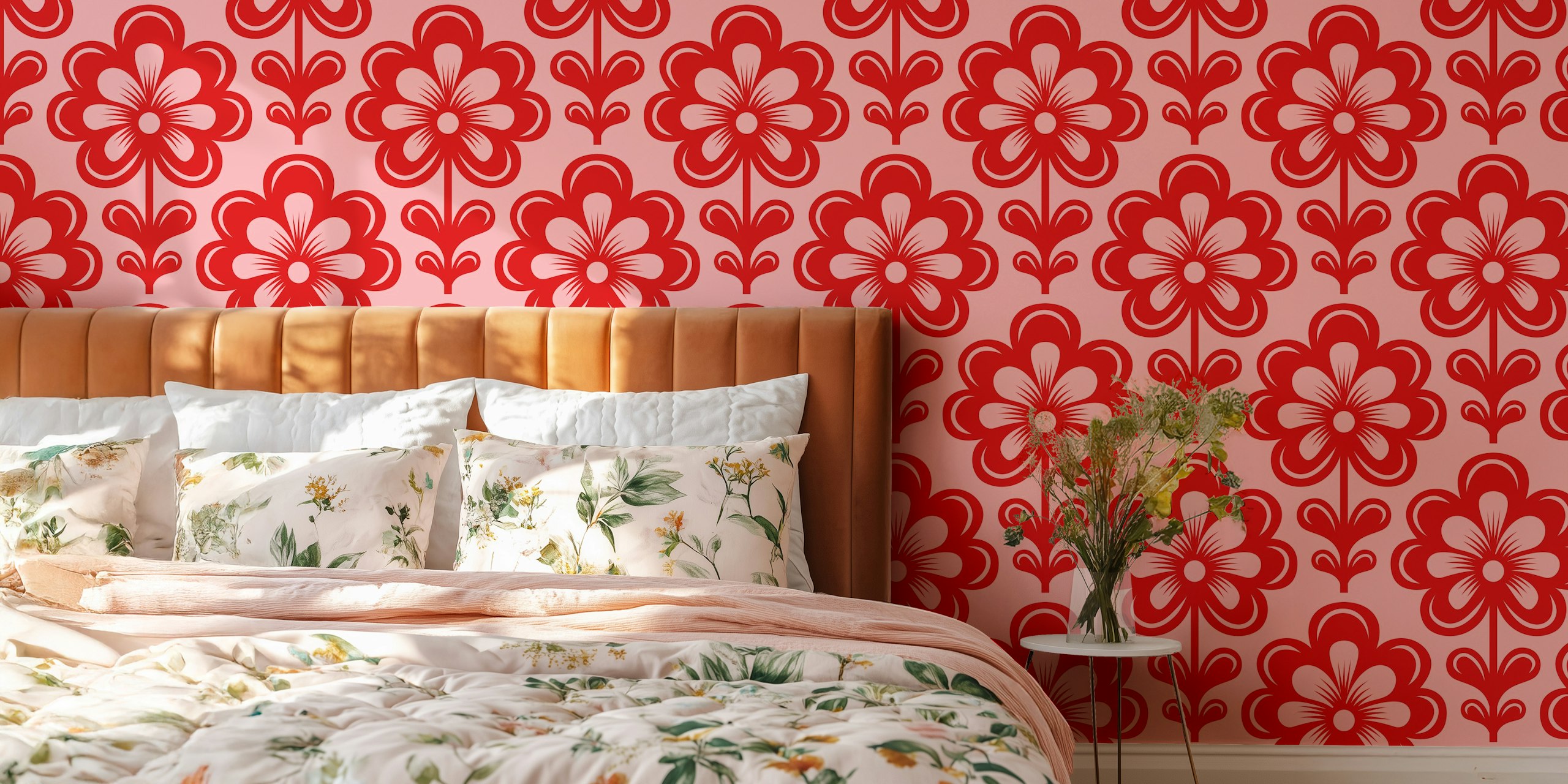 Papel de parede Bold Retro Floral Design em uma sala