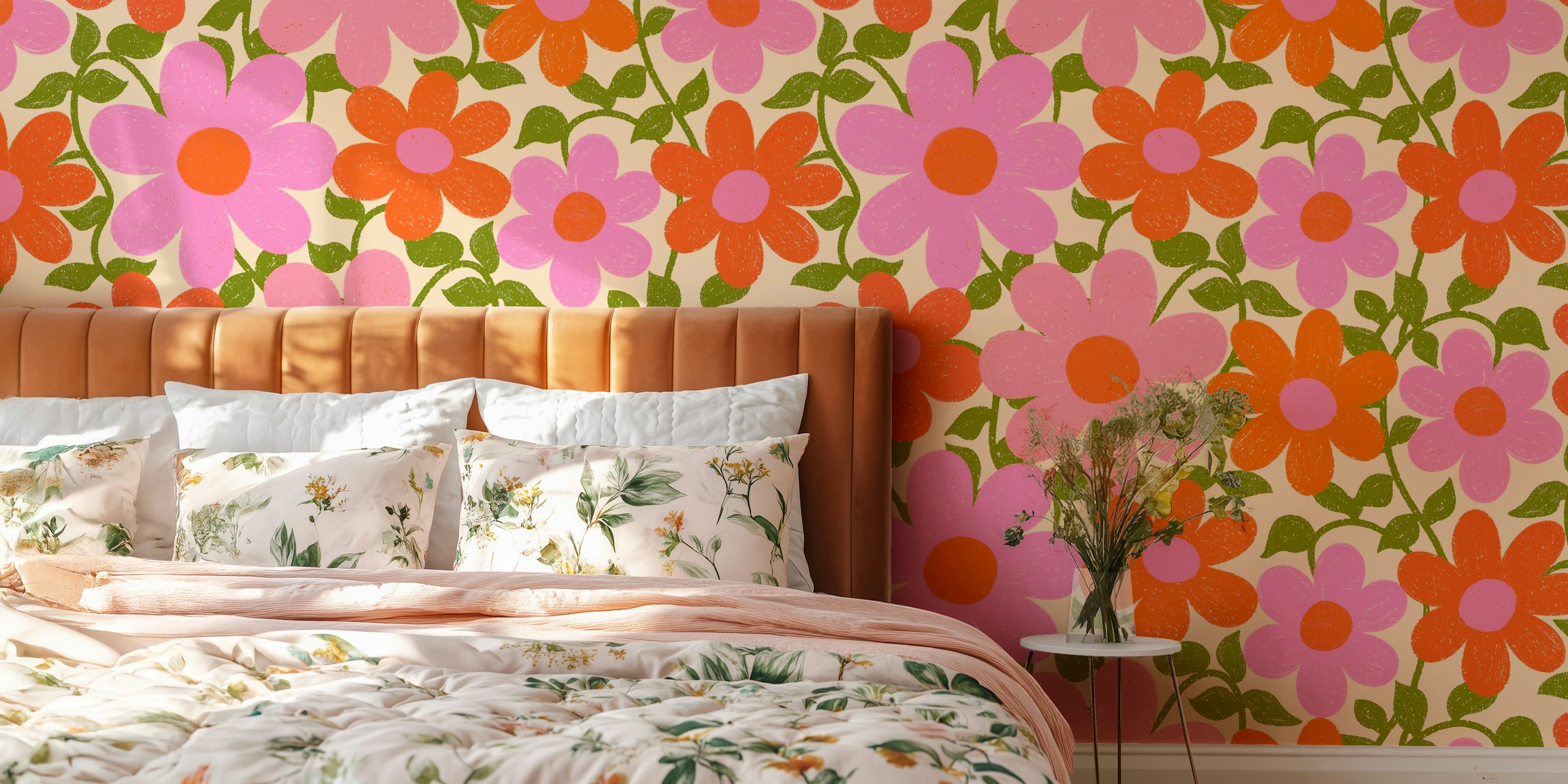 Velký design tapety s růžovými a oranžovými květy