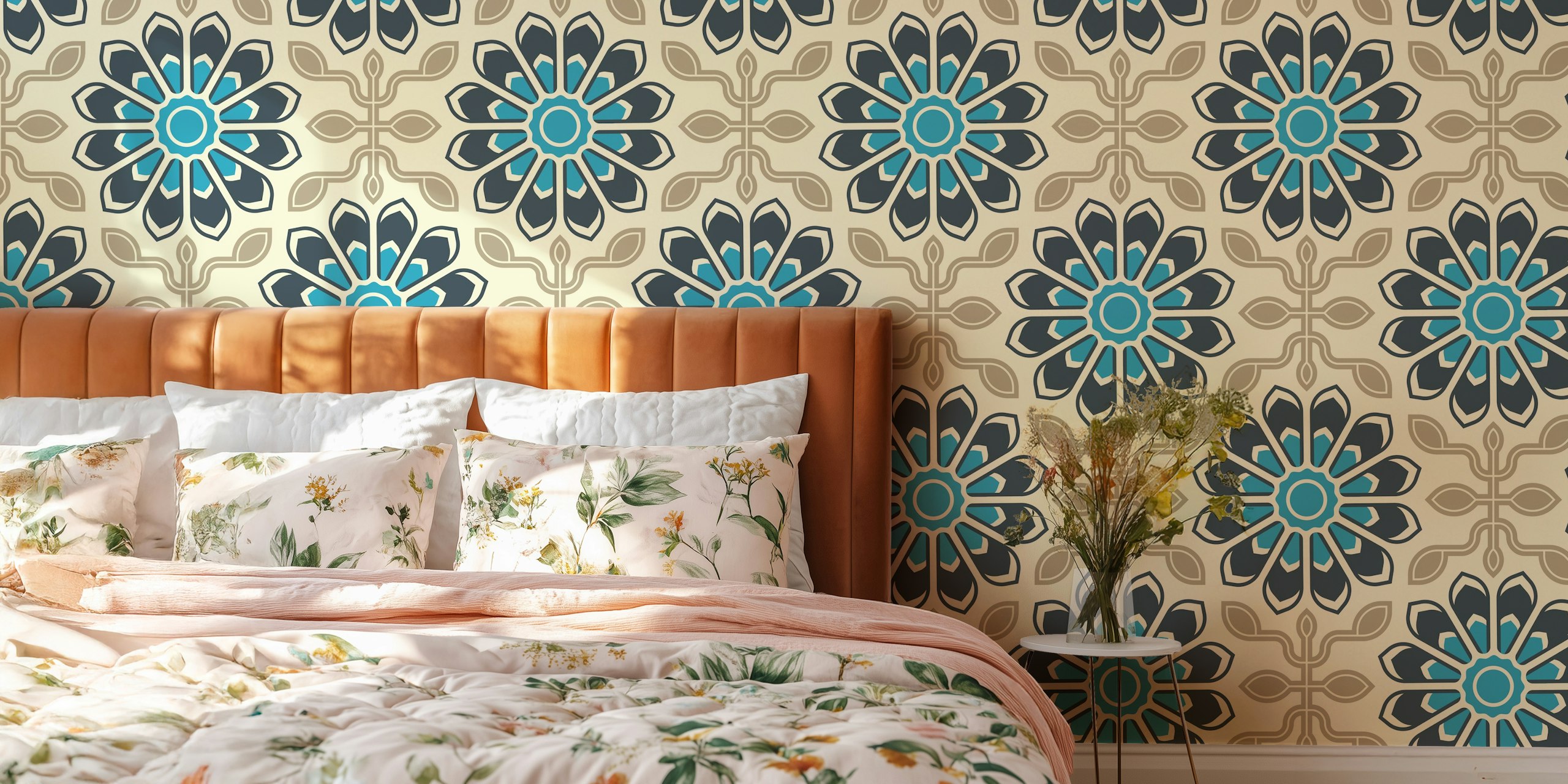Floral pattern in blue and gray with symmetrical design wallpaper