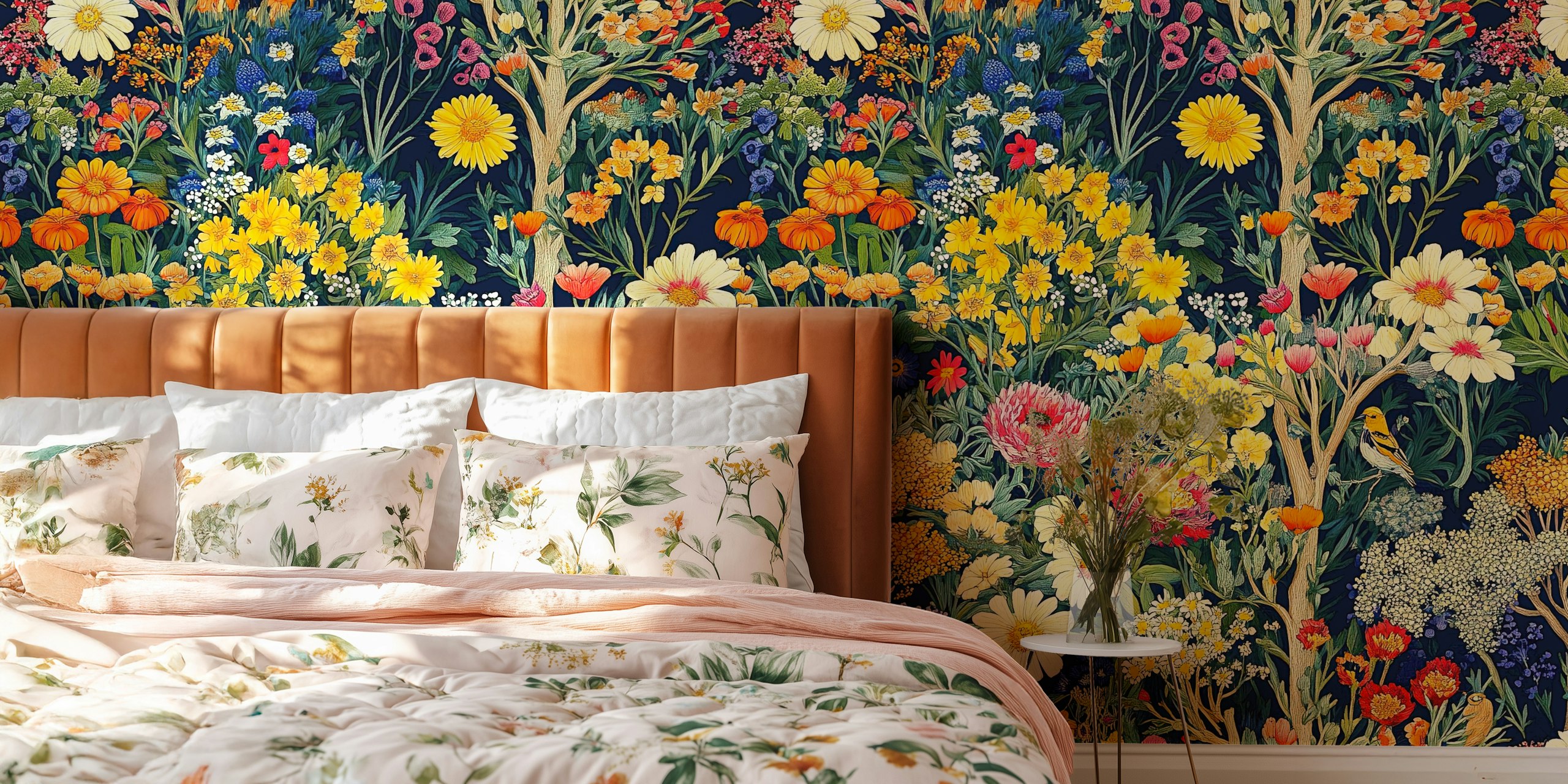 Vibrant flower garden with yellow, pink, and white flowers on dark background wallpaper