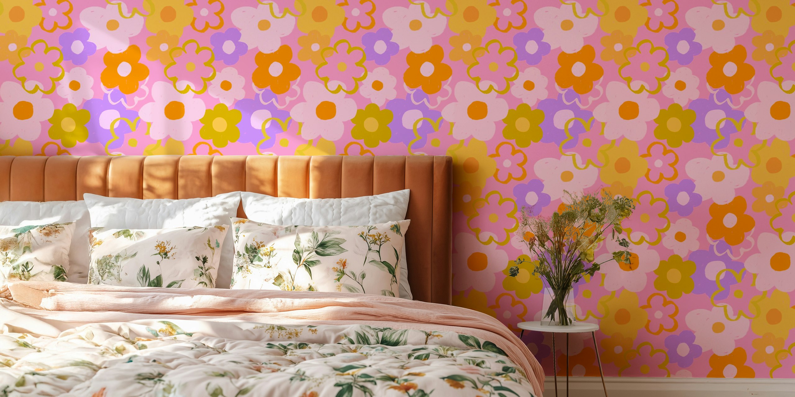 Colorful flowers in pink and orange on pink background wallpaper