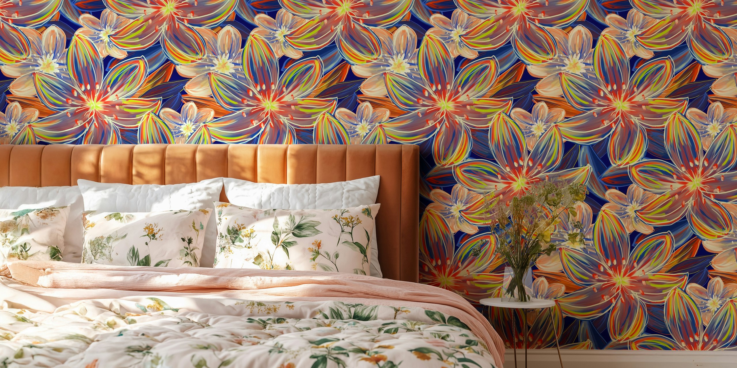 Colorful floral pattern featuring orange and blue flowers wallpaper