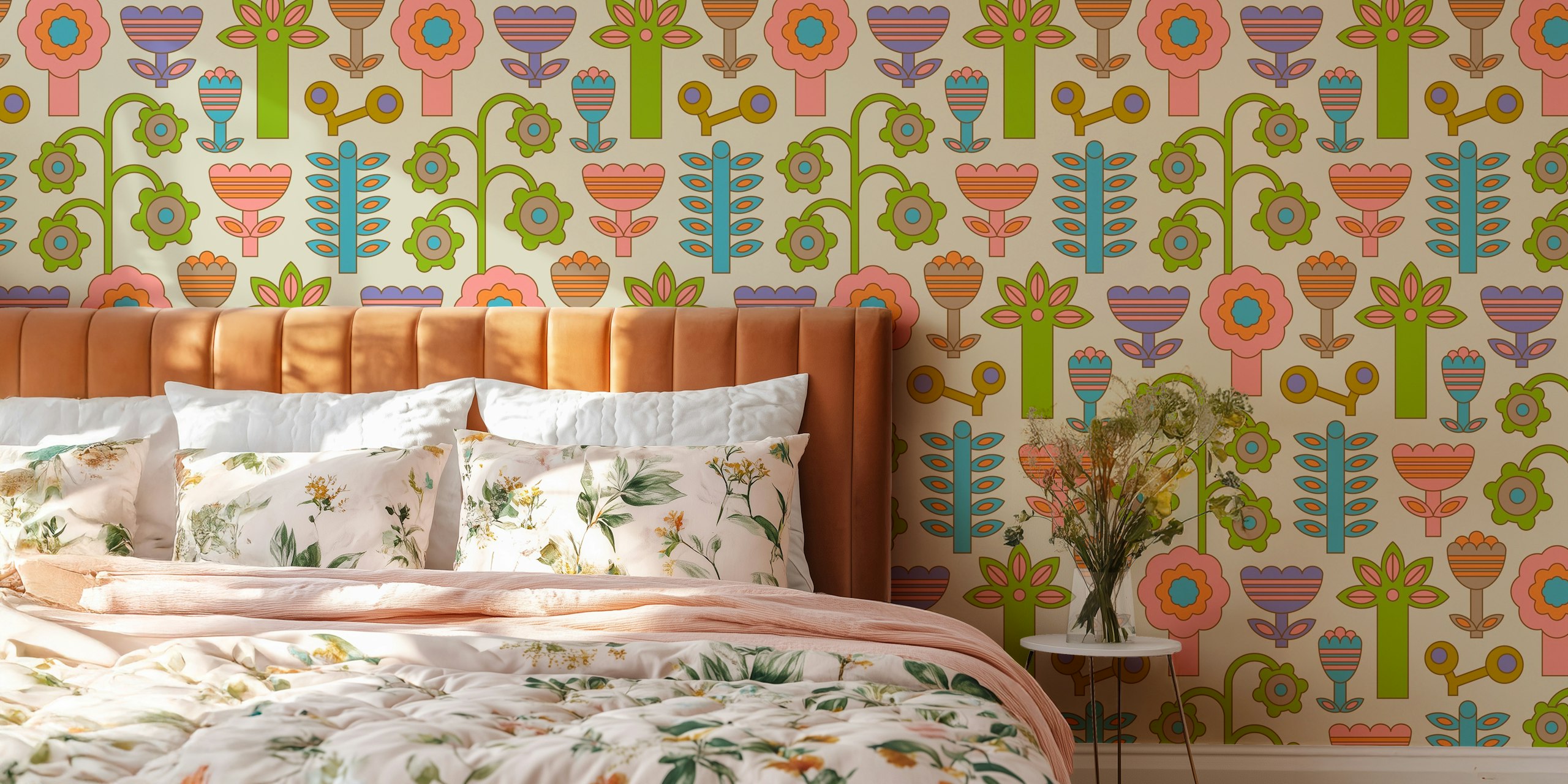 Magic Garden Fun Retro Flowers wallpaper in a room