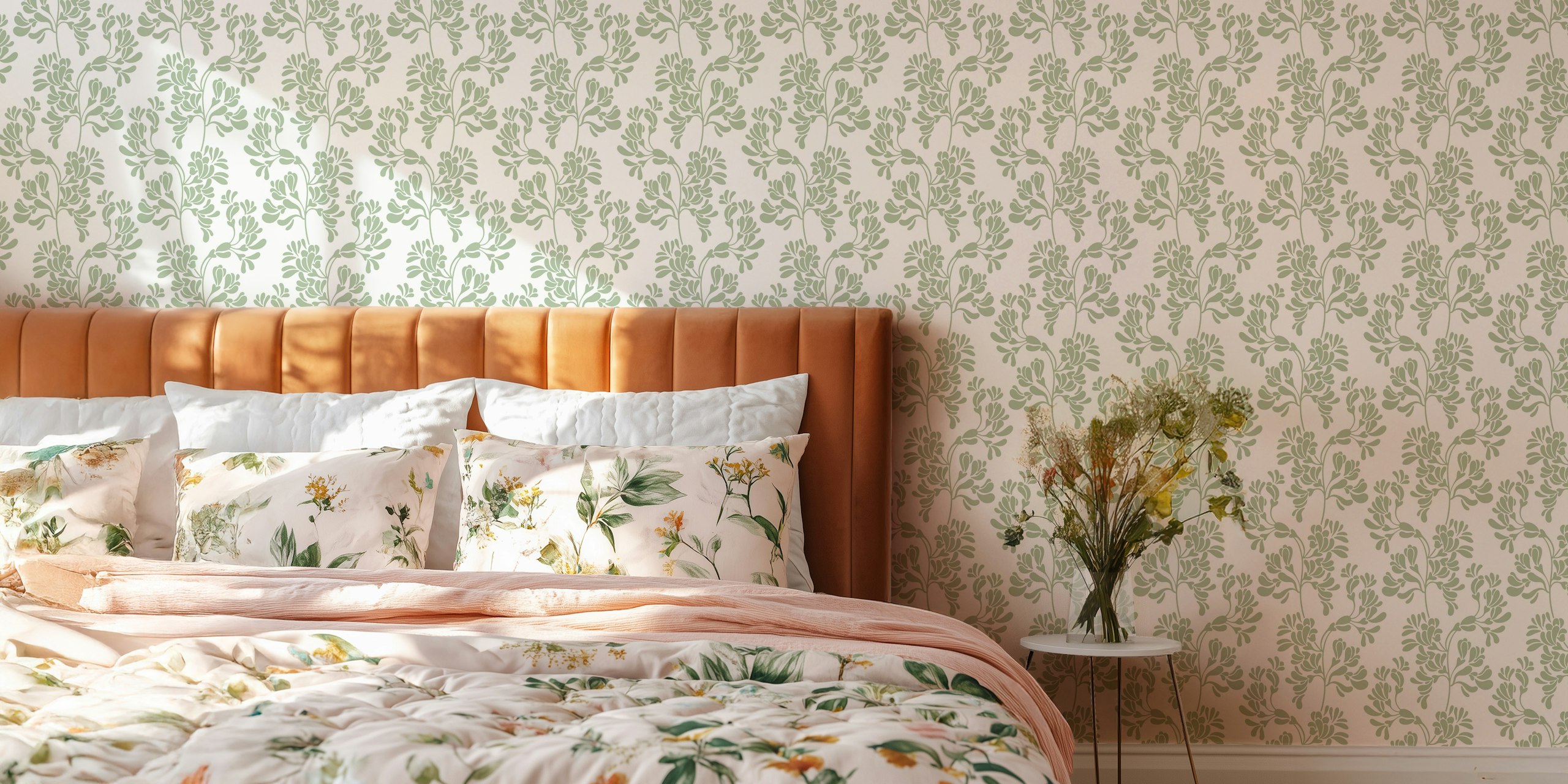 Floral branches in sage green on a light background wallpaper