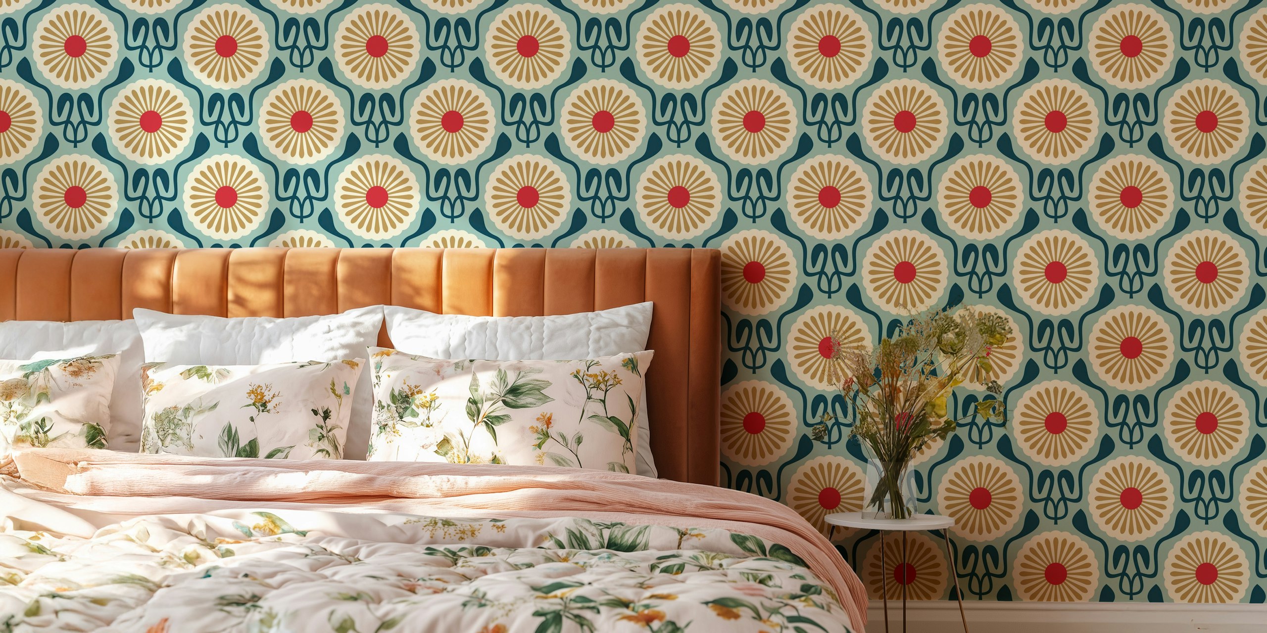 Daisy flowers with teal and gold colors in vintage style wallpaper