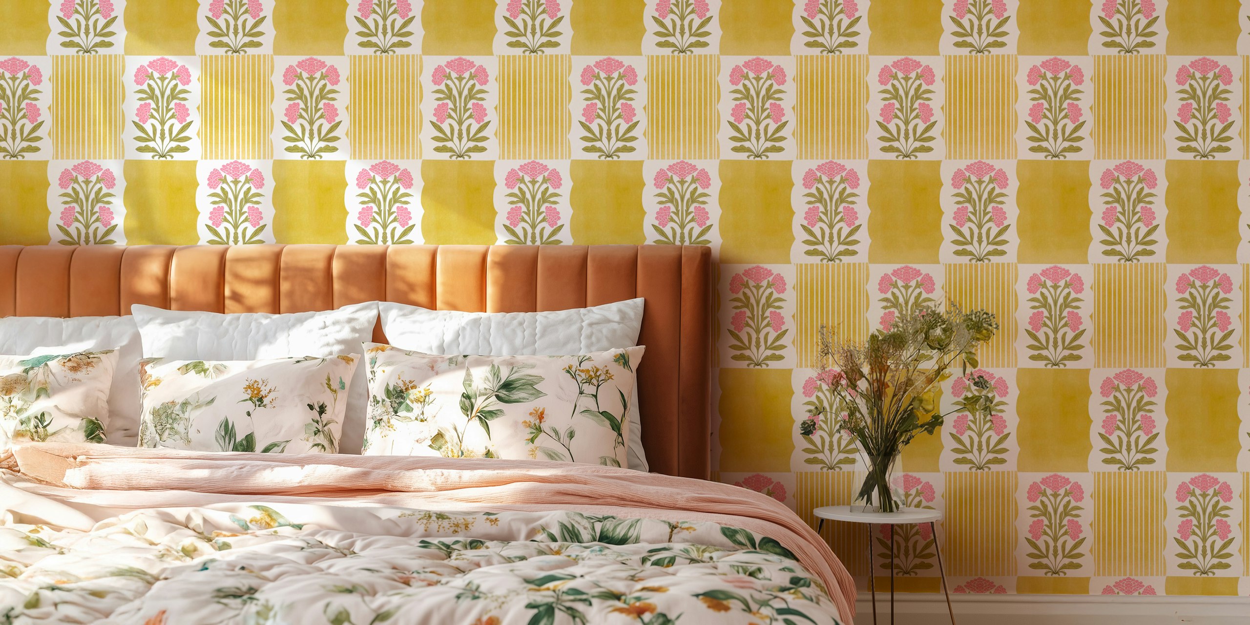 Papel de parede Timeless Golden Floral Harmony em um quarto