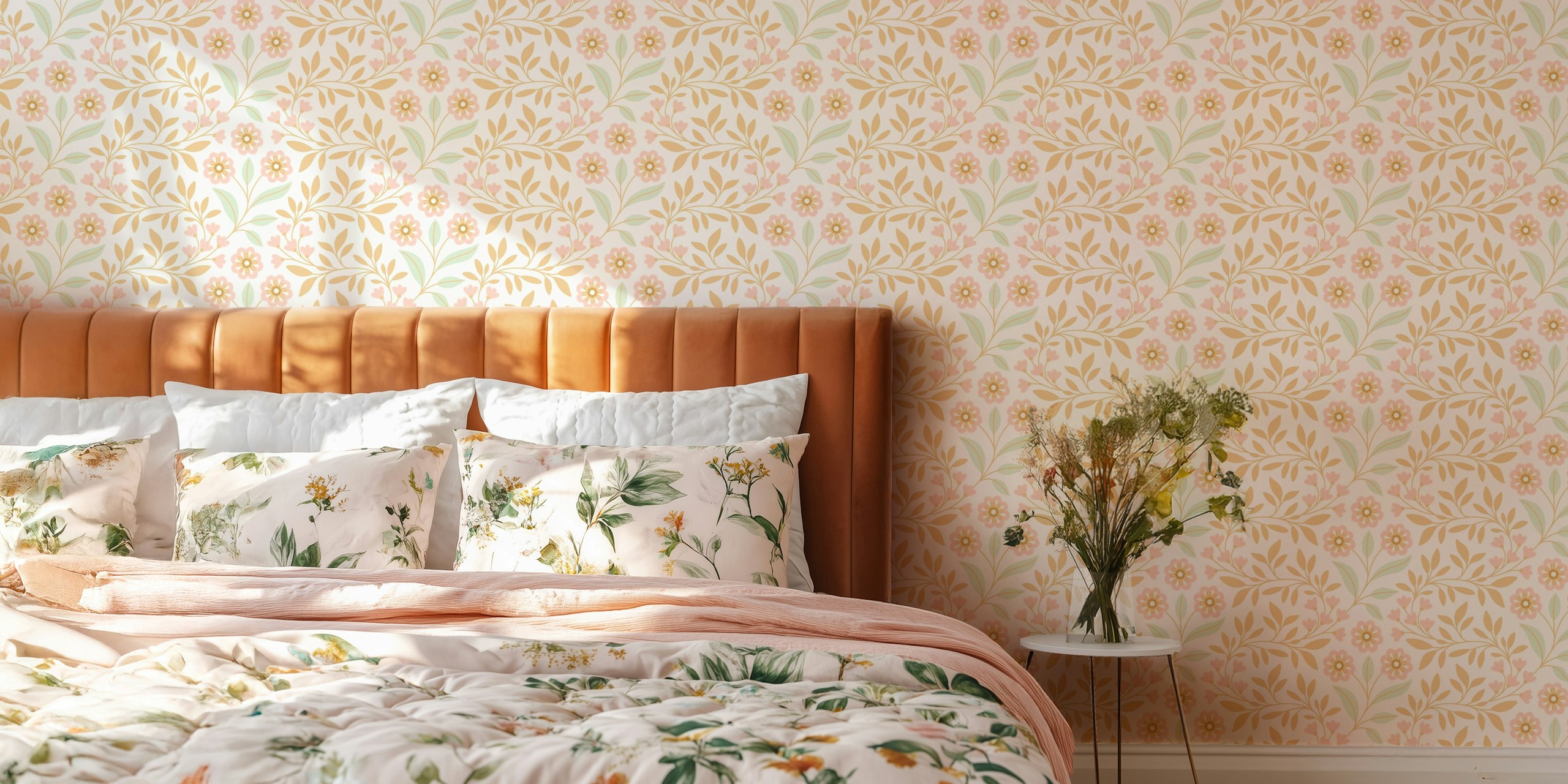 Floral pattern in pink and green on a pale background wallpaper