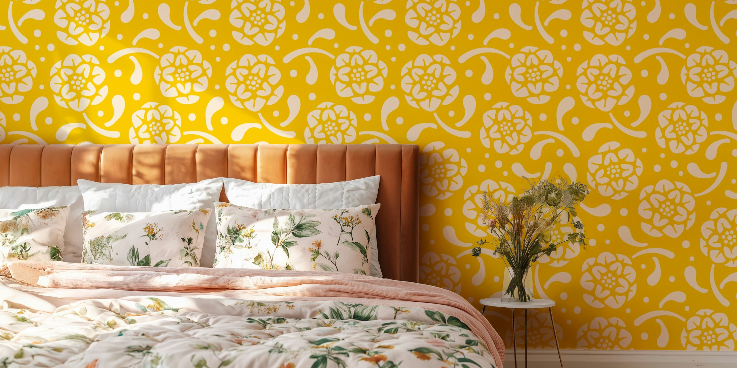 Retro floral gul tapet i ett rum