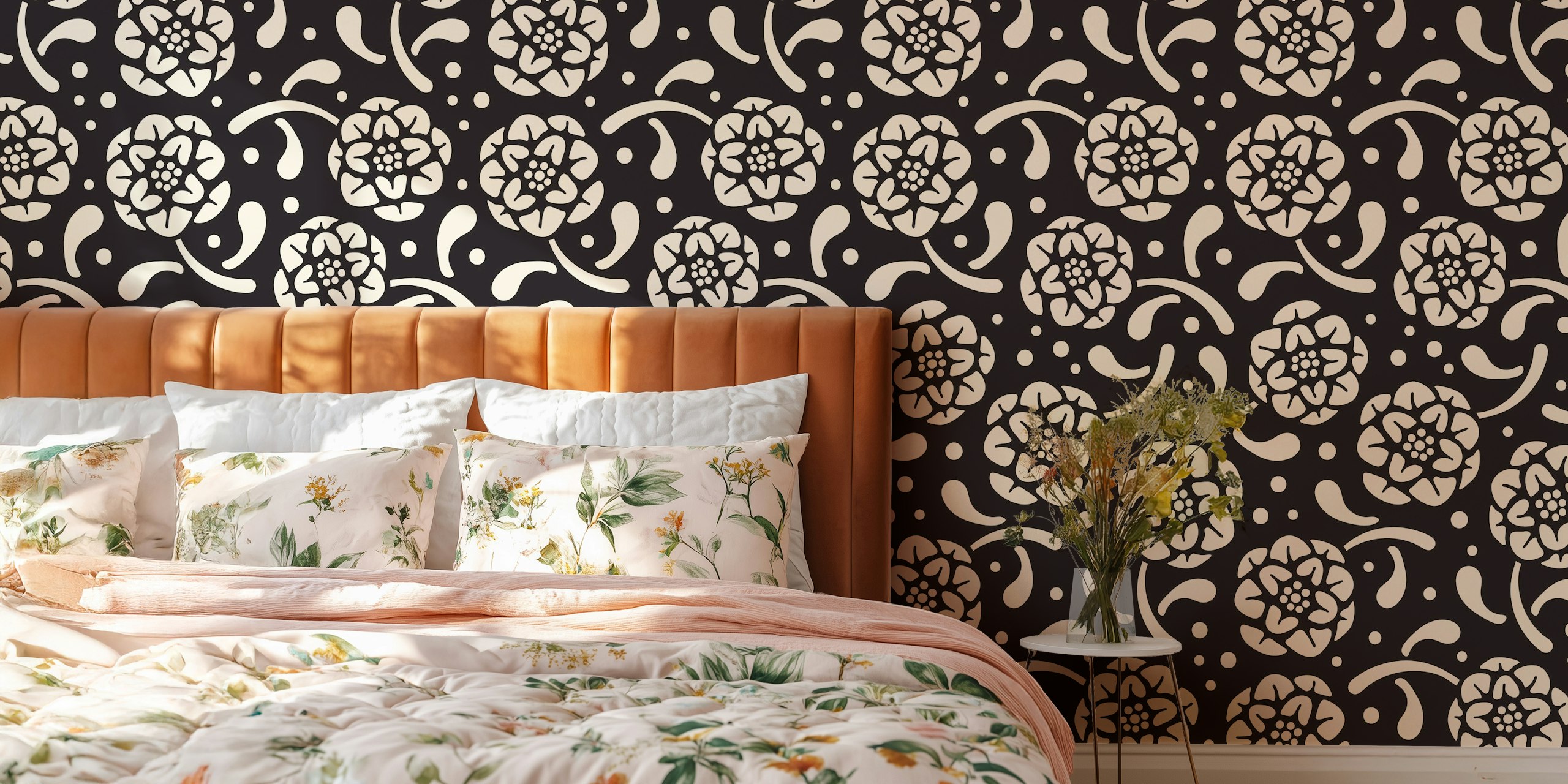 Dolce Block Print Style Retro Floral Black tapet i rummet
