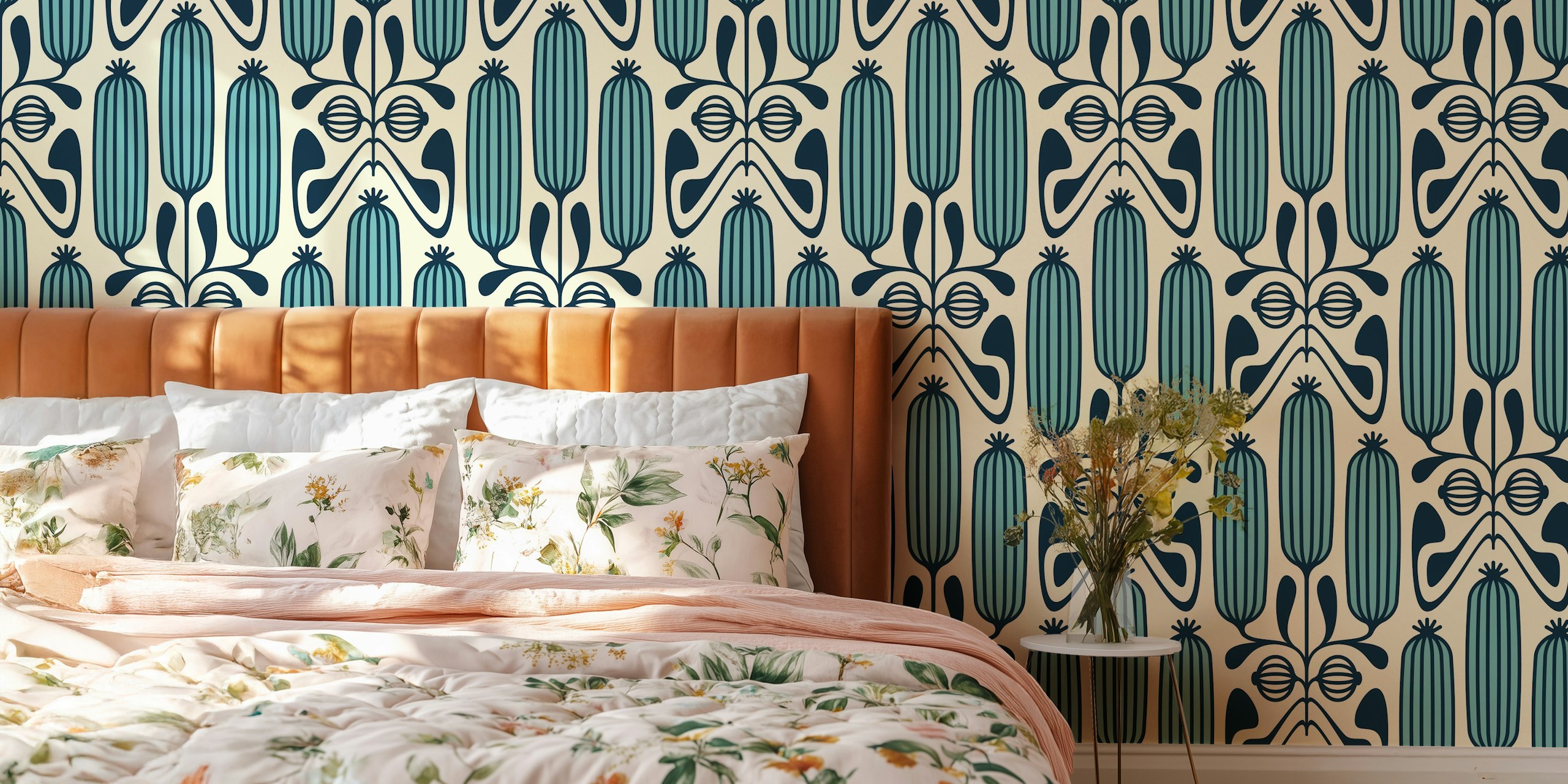 Ornate Floral Cucumbers in Blue wallpaper in a room