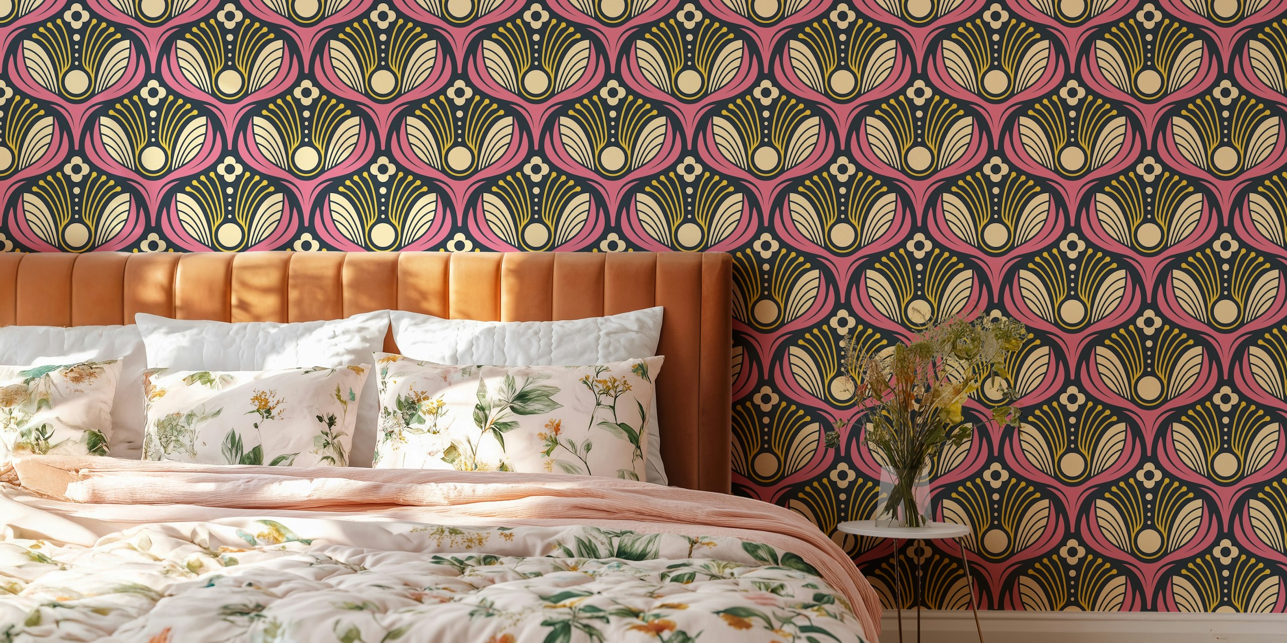 Art Deco Floral in Pink wallpaper in a room