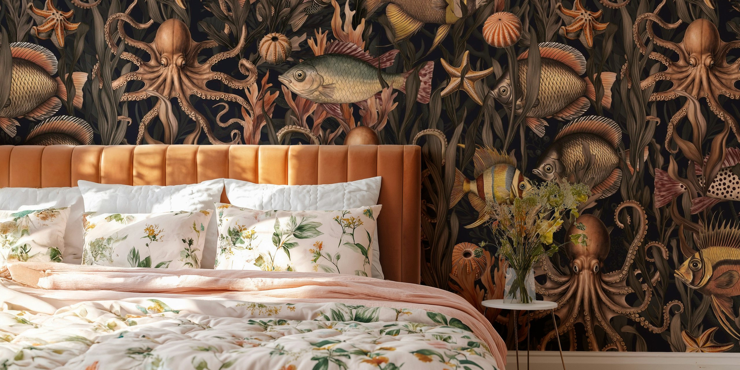 Underwater scene with octopuses and various fish in dark ocean colors wallpaper