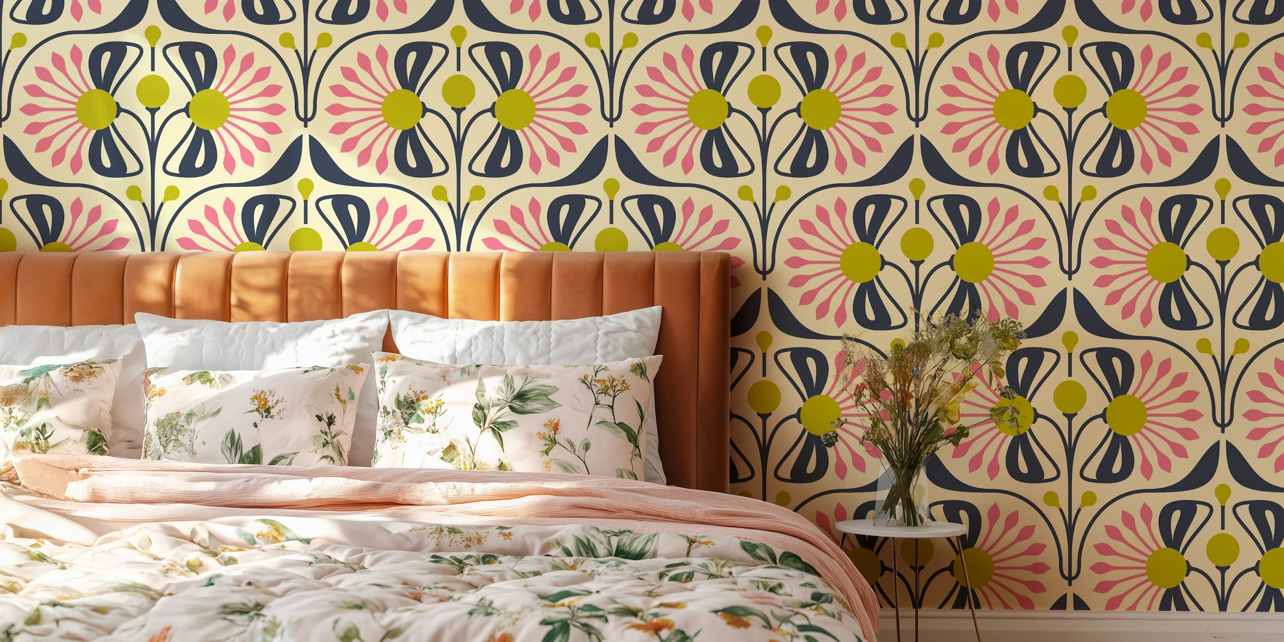 Retro Blossom Delight wallpaper in styled room