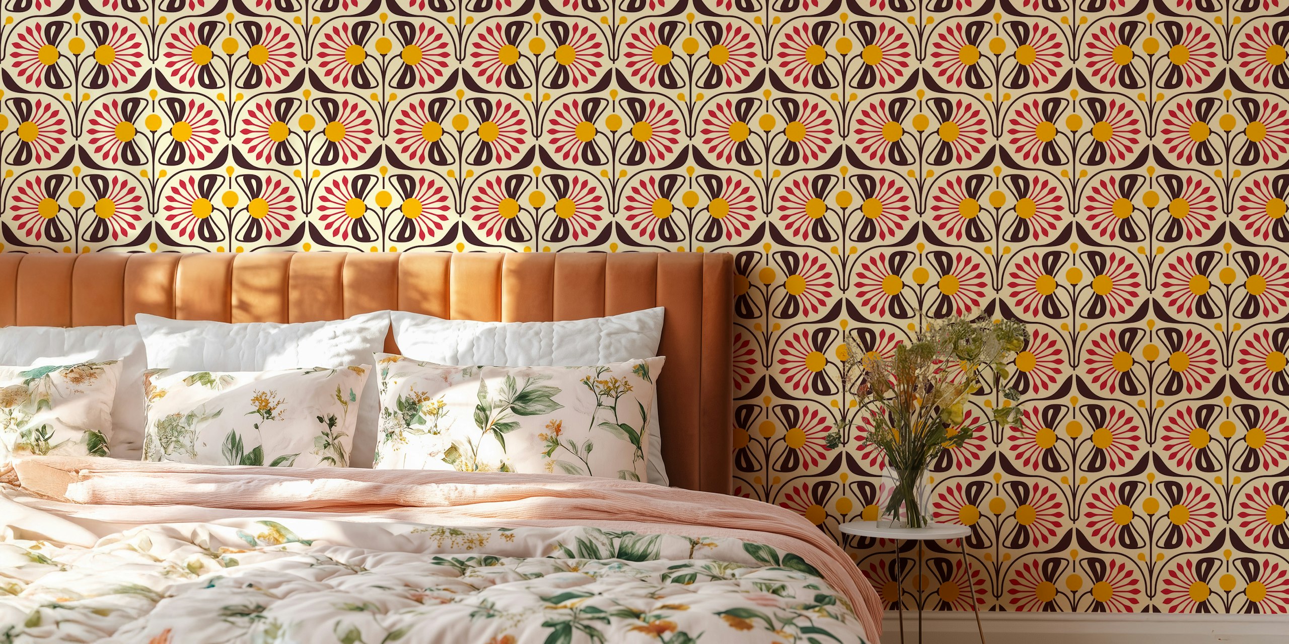 Retro Blossom Delight wallpaper i et rum